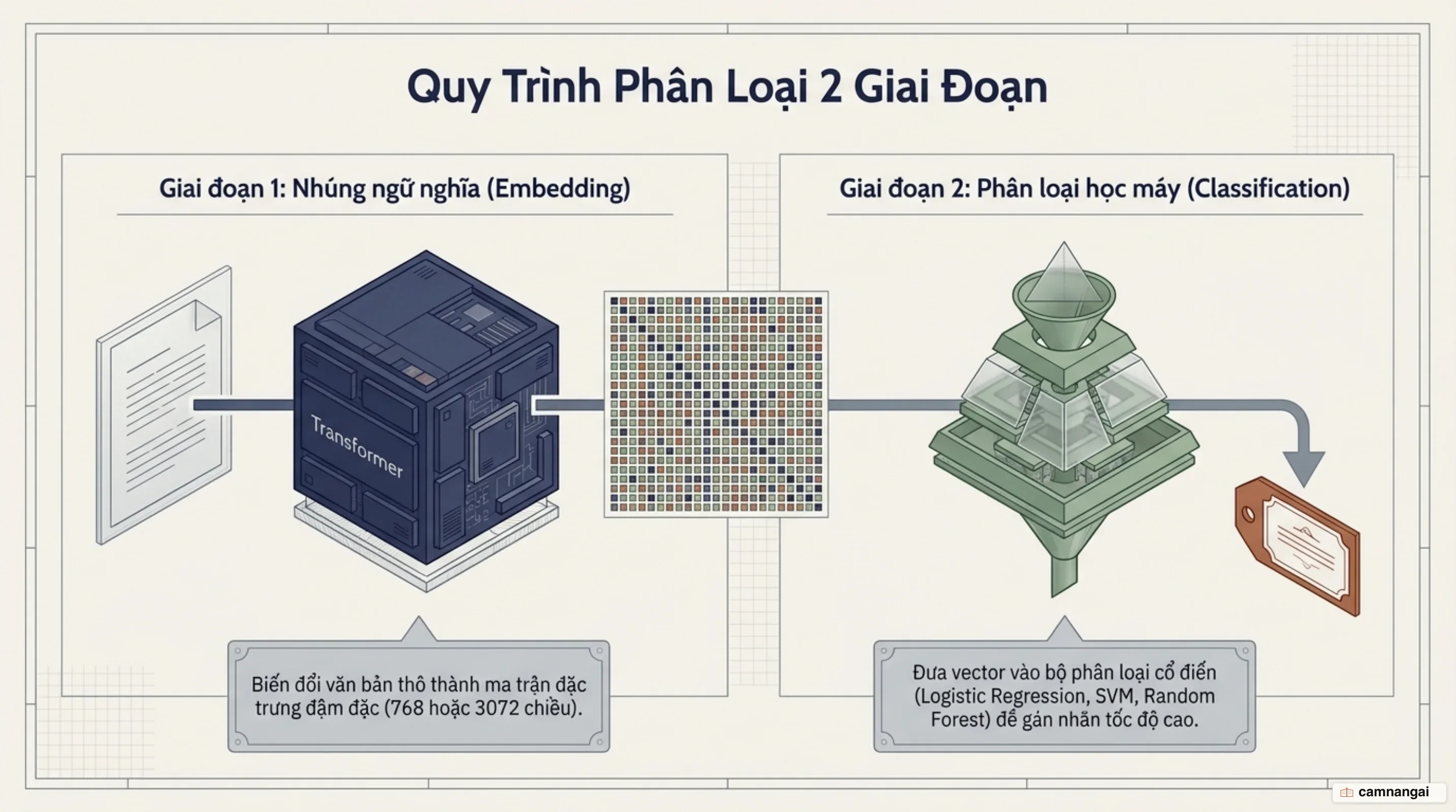 Quy trình hai giai đoạn phân loại dữ liệu từ vector embedding đến mô hình học máy