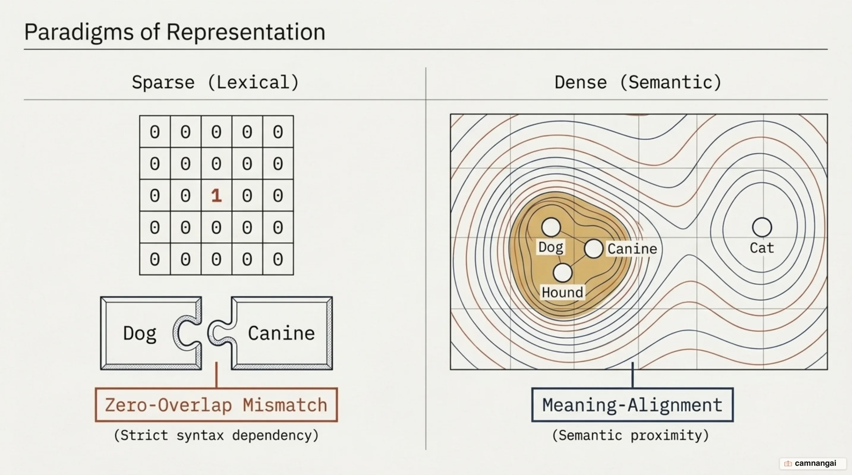 Comparison between traditional sparse keyword vectors and dense semantic embeddings