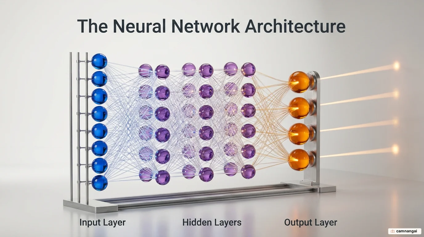 A neural network's structure: an input layer connected through hidden layers to an output layer