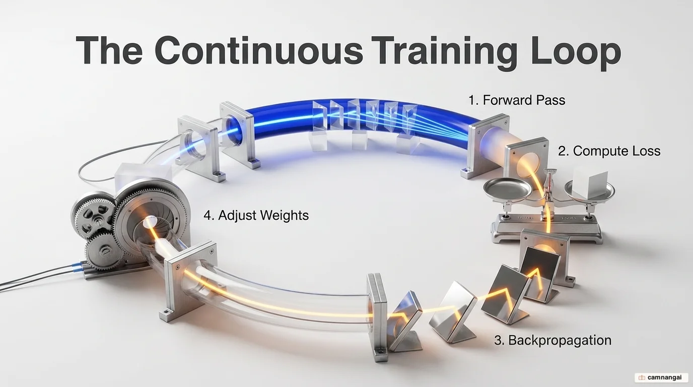 The continuous training loop: forward pass, compute loss, backpropagation, then adjust weights and repeat