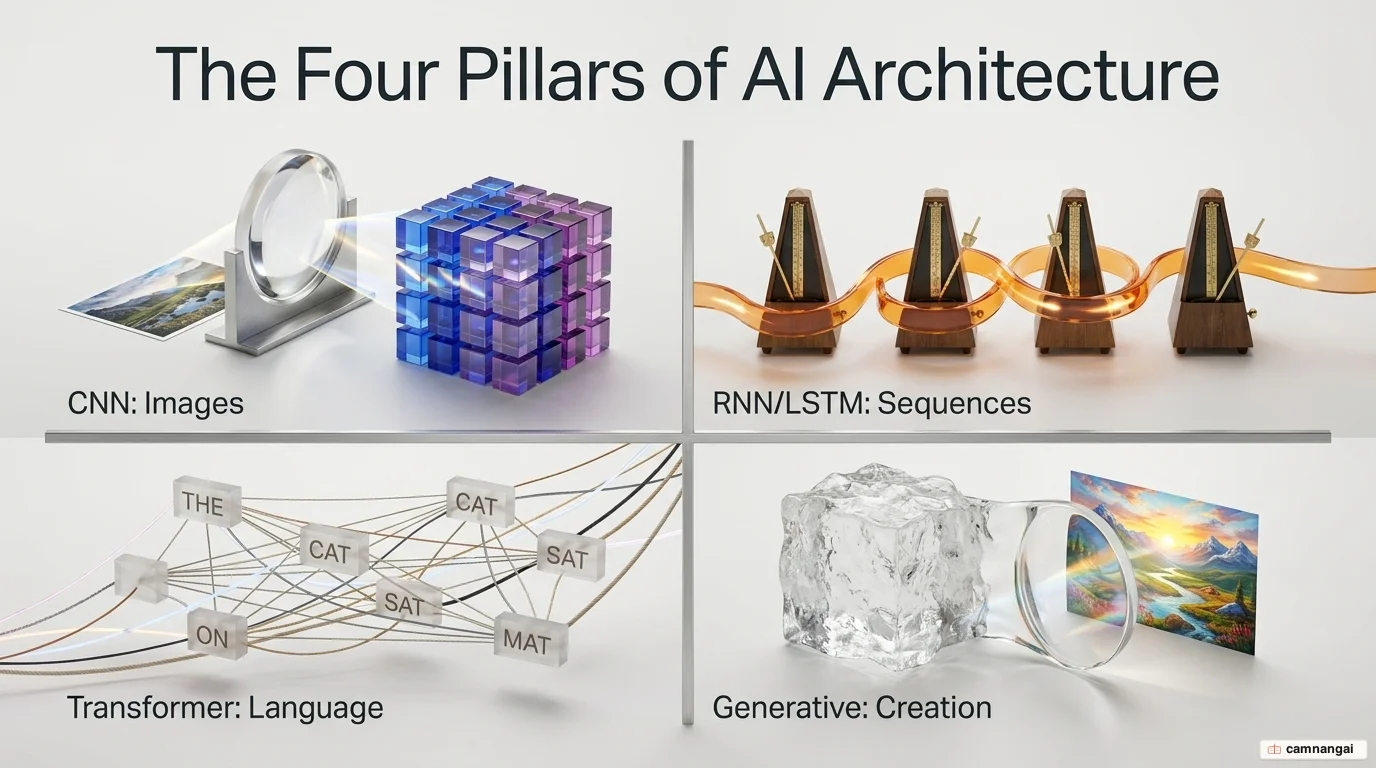 The four main deep-learning architecture families: CNN for images, RNN/LSTM for sequences, Transformer for language, and generative models for images and video