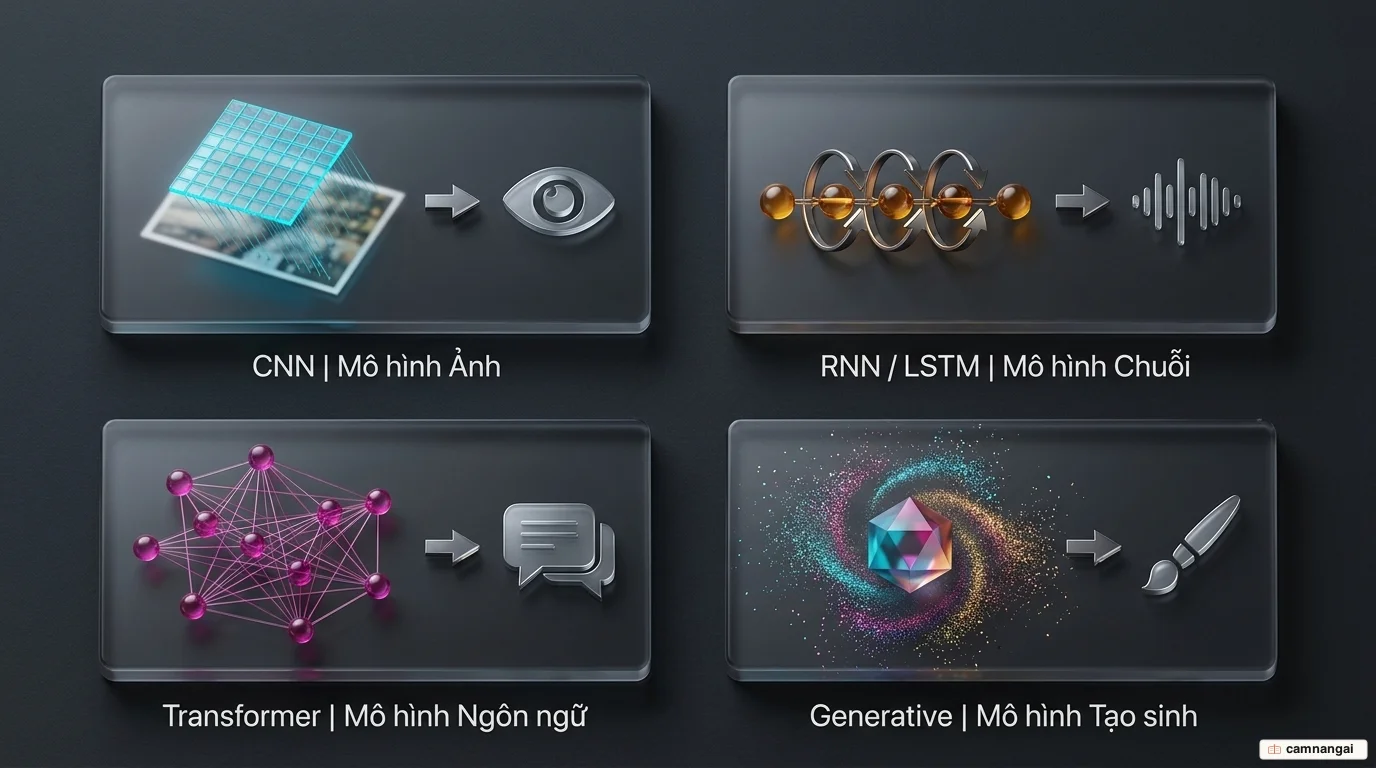 Bốn họ kiến trúc học sâu chính: CNN cho ảnh, RNN/LSTM cho dữ liệu chuỗi, Transformer cho ngôn ngữ, và mô hình tạo sinh cho ảnh và video