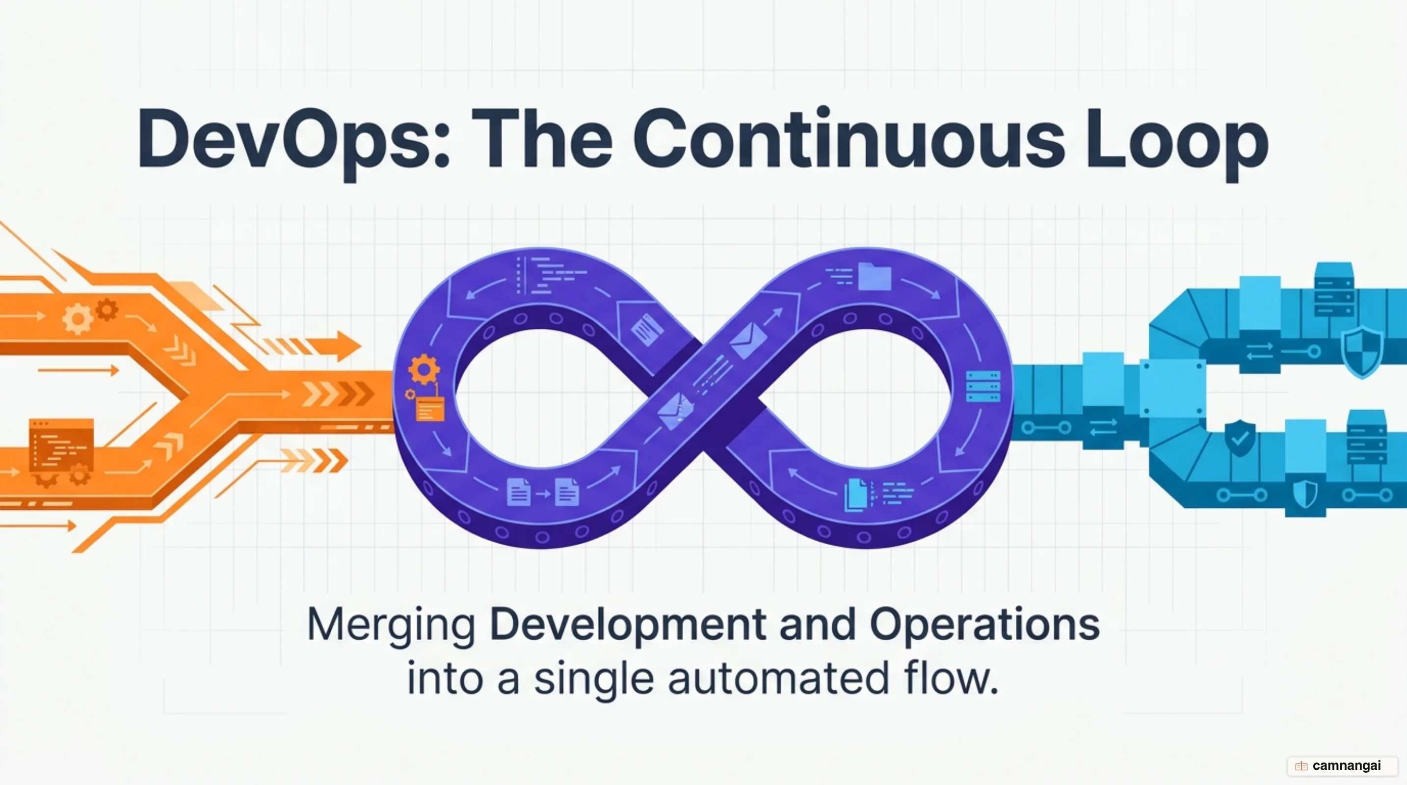 Development and operations merging into one continuous automated loop — the theme of DevOps