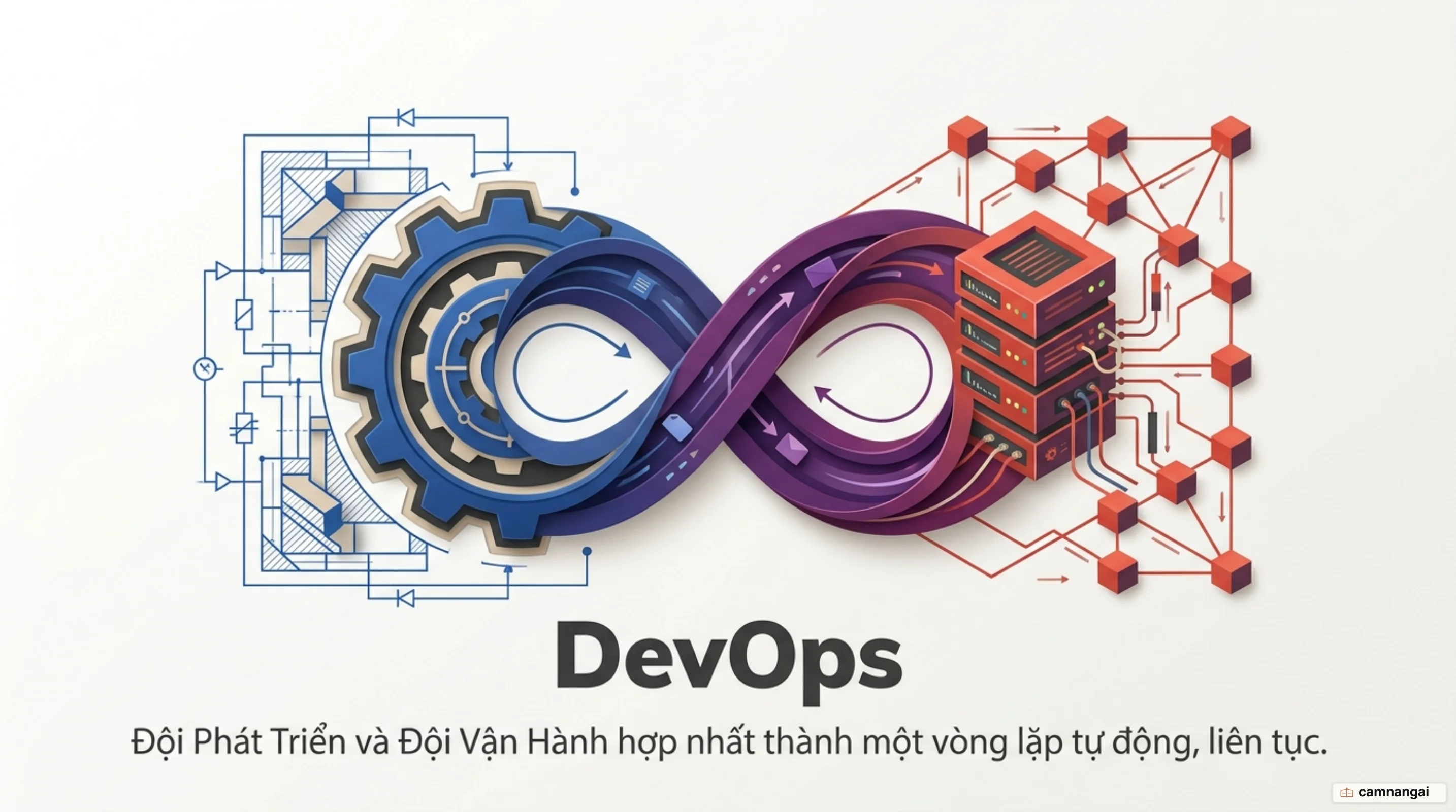 Đội phát triển và đội vận hành hợp nhất thành một vòng lặp tự động liên tục — hình ảnh chủ đề của DevOps