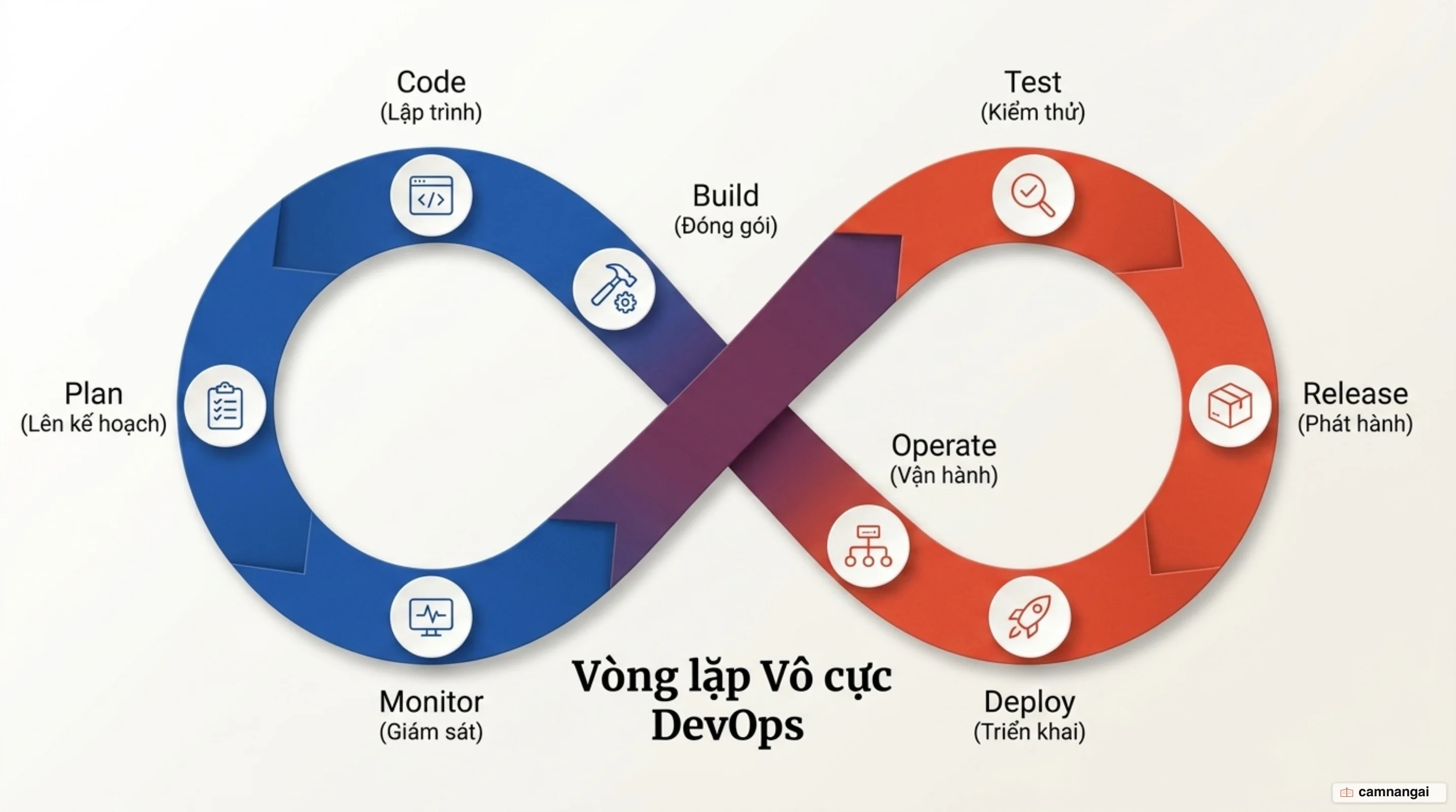 Vòng đời DevOps dạng vòng lặp vô cực với 8 giai đoạn: Plan, Code, Build, Test, Release, Deploy, Operate, Monitor