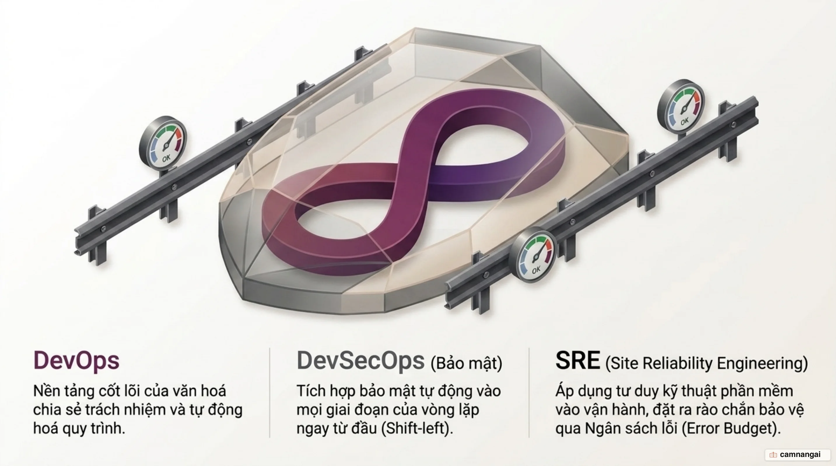 Quan hệ giữa DevOps, DevSecOps và SRE: DevOps là nền tảng, DevSecOps thêm bảo mật, SRE thêm độ tin cậy và ngân sách lỗi