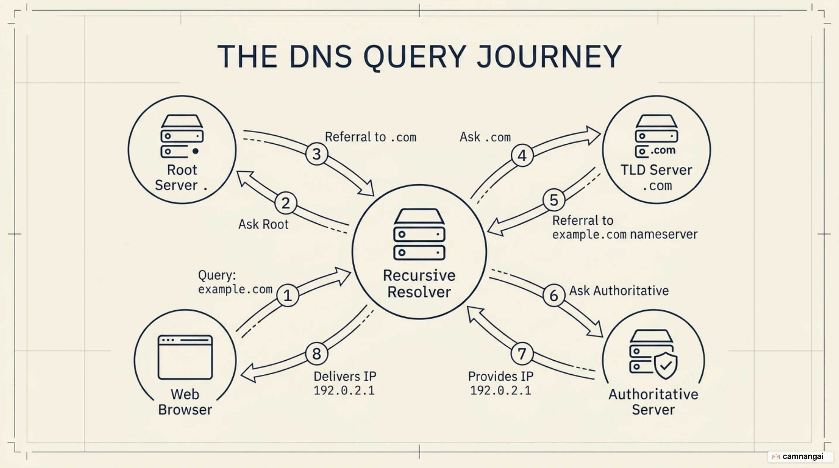 The eight-step journey of a DNS query, from browser through Resolver, Root, TLD, Authoritative and back