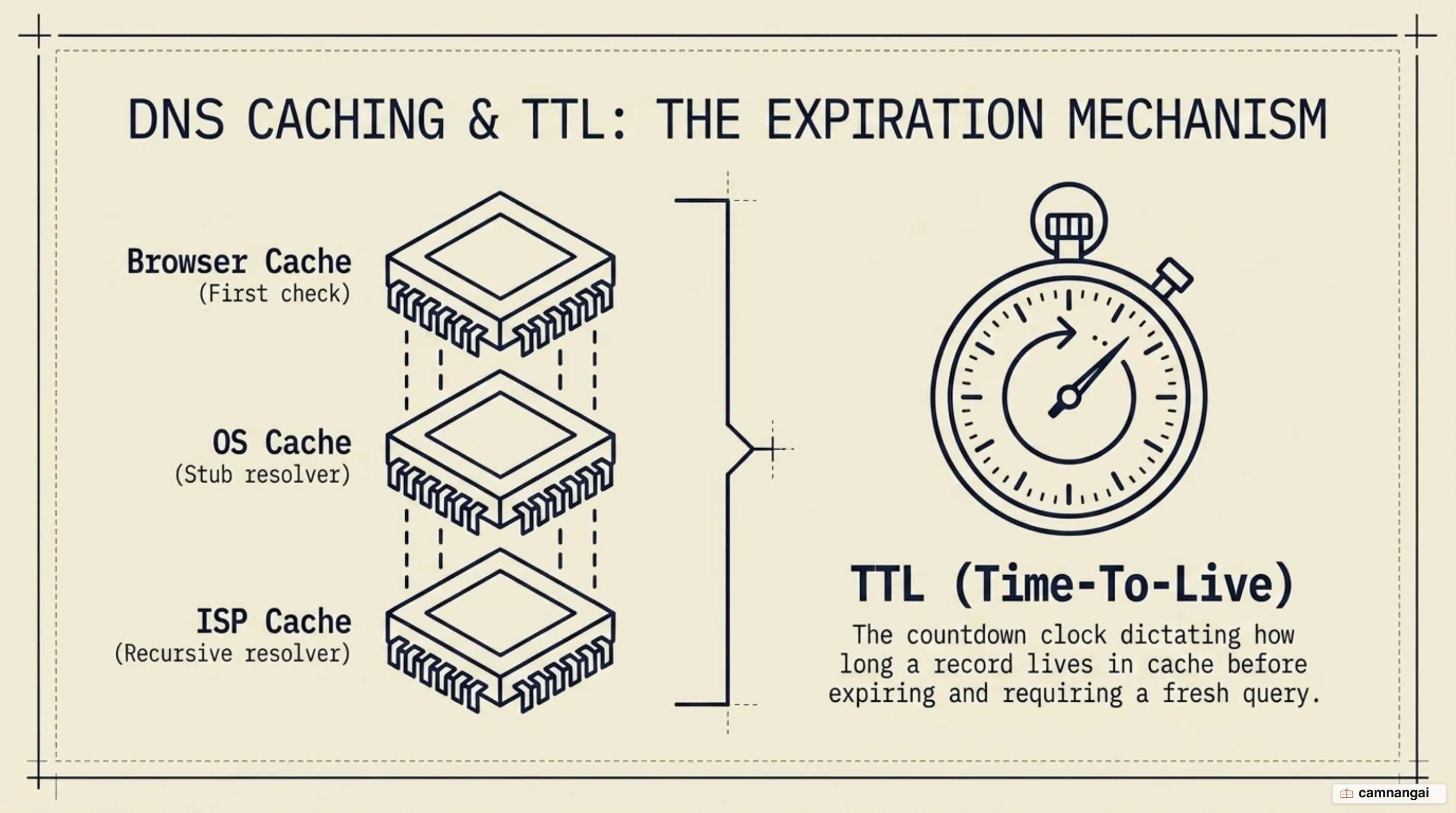 DNS caching layers — browser, operating system and ISP resolver — with a TTL countdown