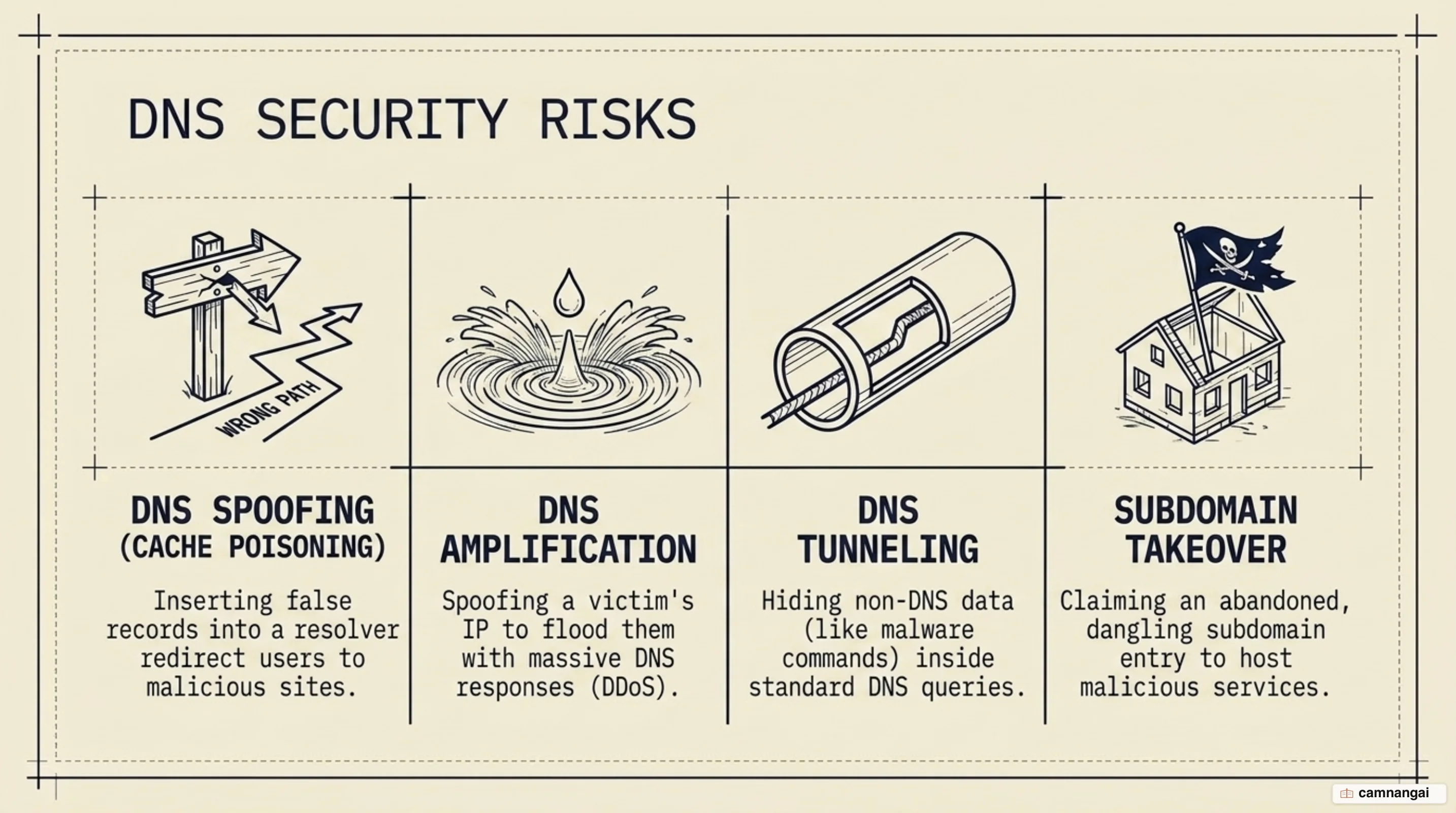 Four DNS security risks: Spoofing, Amplification, Tunneling and Subdomain Takeover