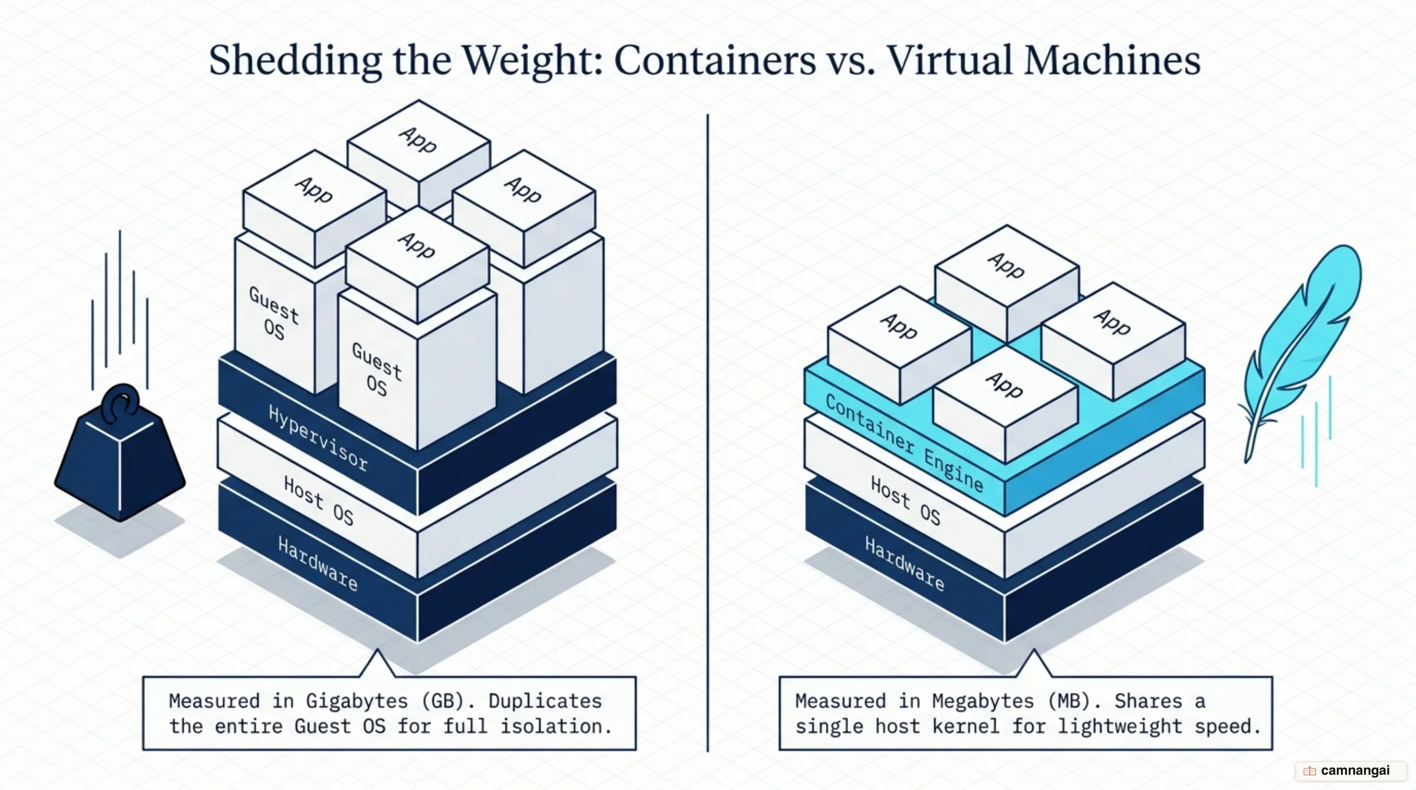 Two architectures compared: virtual machines run full guest operating systems on a hypervisor, while containers share the single host kernel