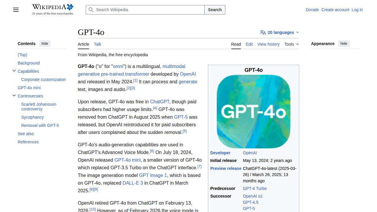 Trang Wikipedia về GPT-4o, mô tả mô hình đa phương thức của OpenAI ra mắt tháng 5/2024 hỗ trợ voice-to-voice gốc và hơn 50 ngôn ngữ