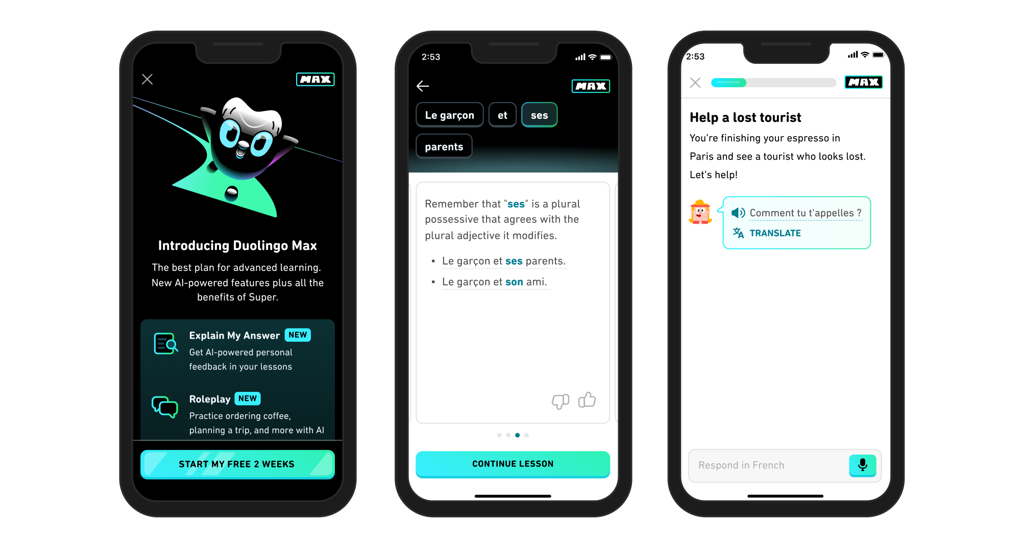 Ảnh quảng bá Duolingo Max — gói trả phí dùng GPT-4 cho tính năng Roleplay và Explain My Answer trên Duolingo