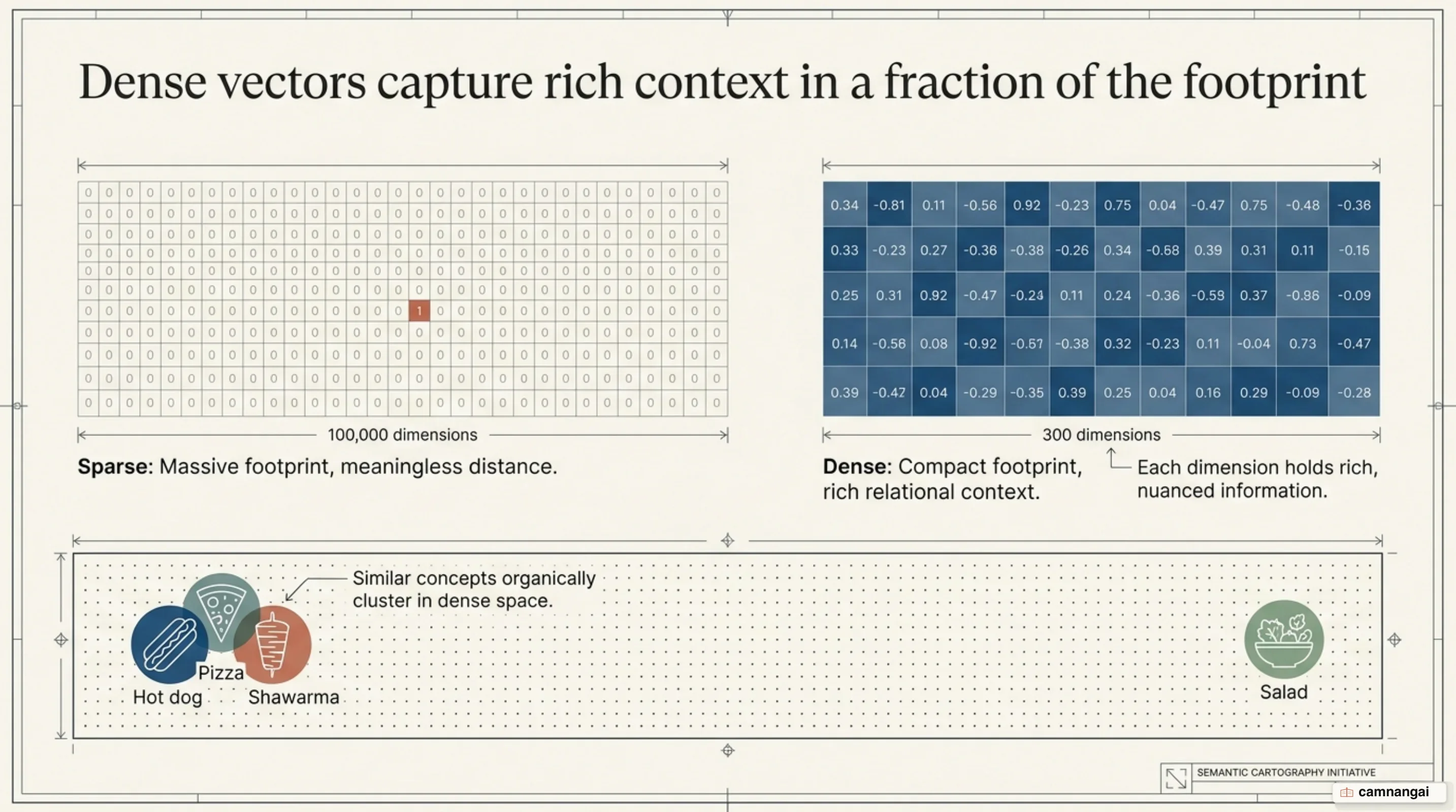 Sparse one-hot encoding compared with a dense embedding, where similar foods cluster close together in a multi-dimensional space