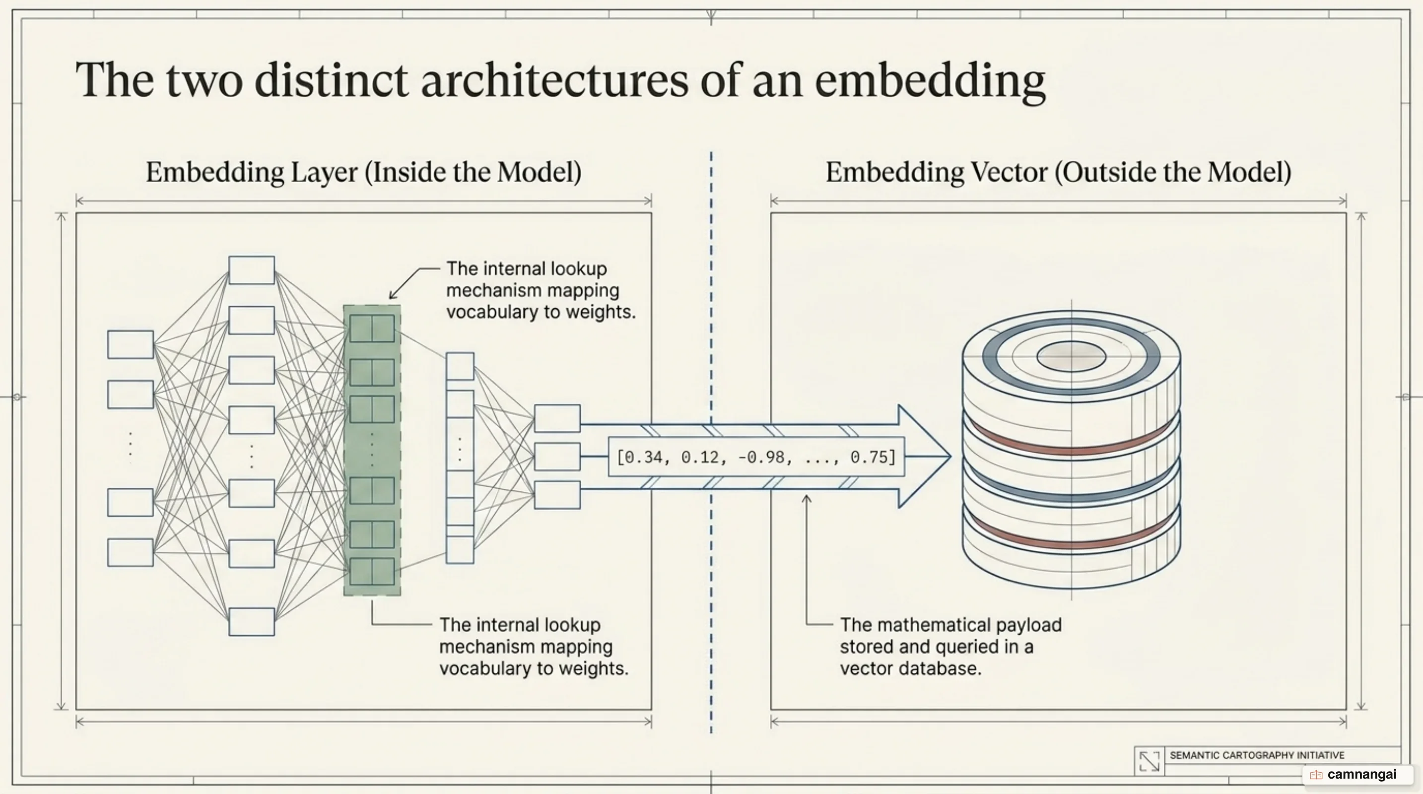 The embedding layer inside the model contrasted with the embedding vector that is stored in a vector database