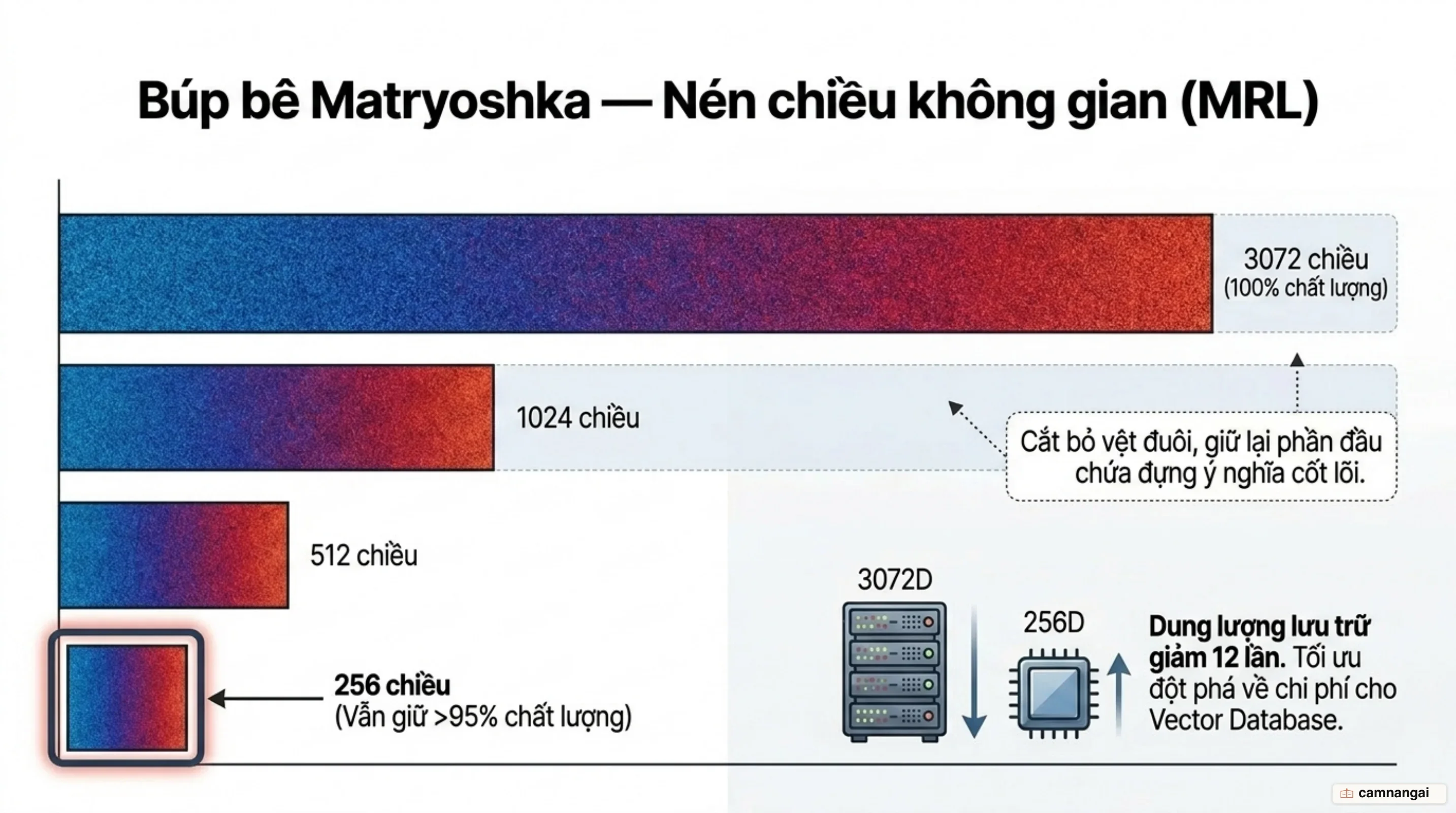 Nén số chiều kiểu búp bê Matryoshka: vector 3072 chiều cắt ngắn dần xuống 256 chiều, dung lượng lưu trữ giảm mạnh