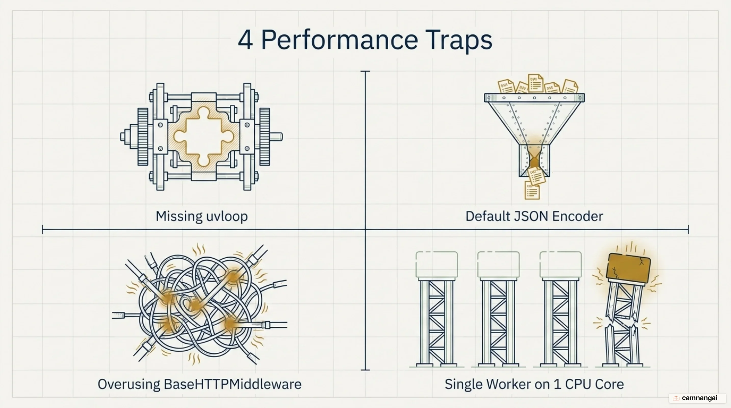 Four traps that make FastAPI slow: missing uvloop, the default JSON encoder, overusing BaseHTTPMiddleware, and running a single worker on one CPU core