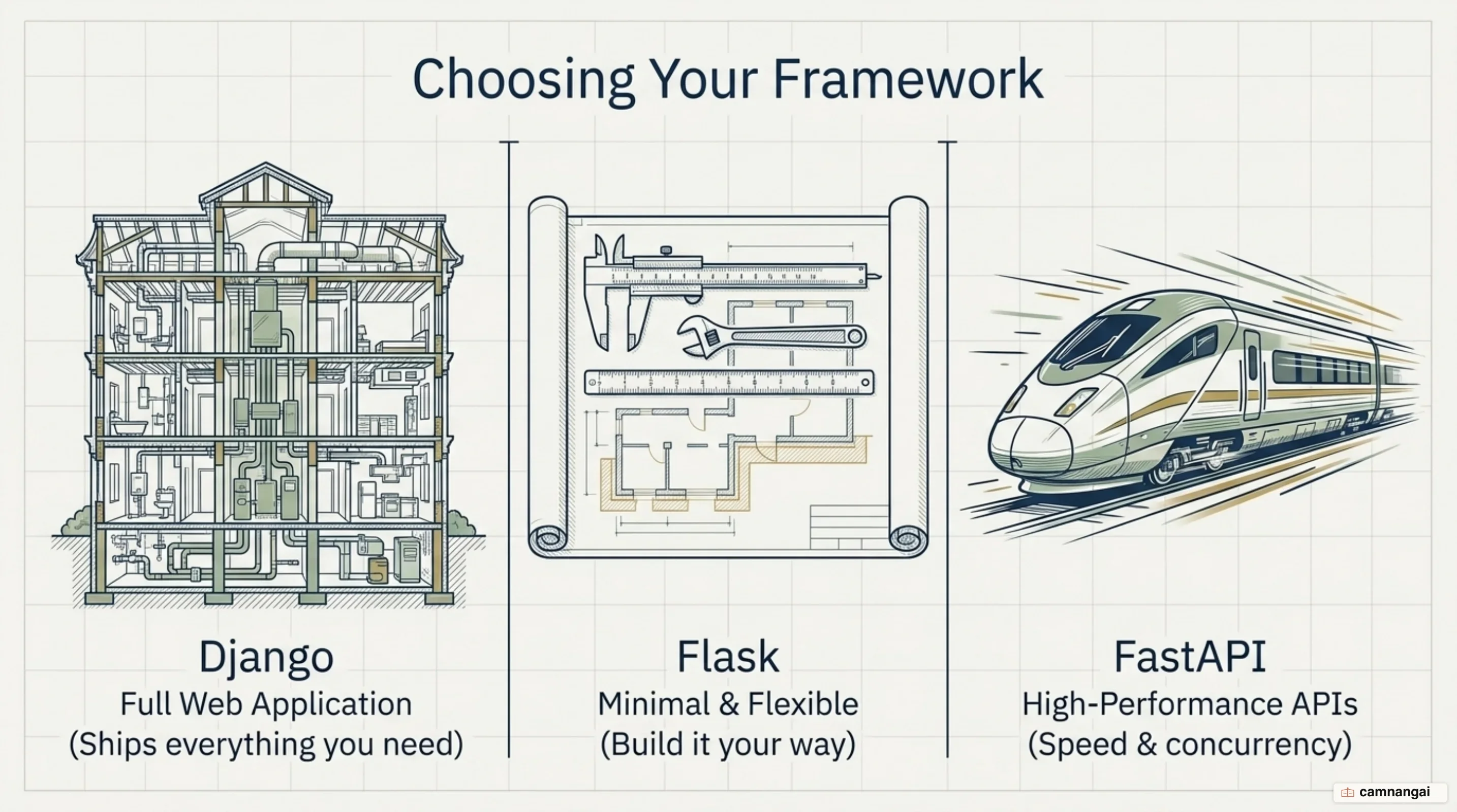 Django, Flask and FastAPI compared: Django ships everything for a full web application, Flask stays minimal and flexible, FastAPI is strongest for high-performance APIs