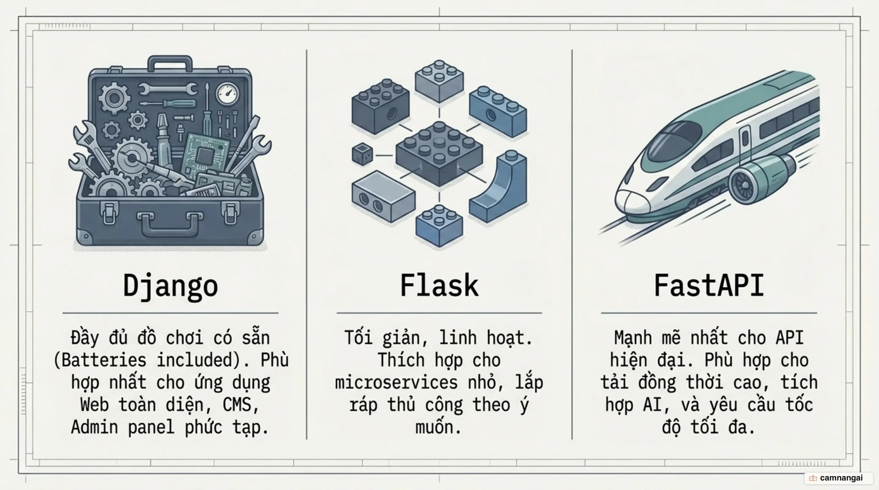 So sánh Django, Flask và FastAPI: Django có sẵn mọi thứ cho ứng dụng web đầy đủ, Flask tối giản và linh hoạt, FastAPI mạnh nhất cho API cần hiệu suất cao