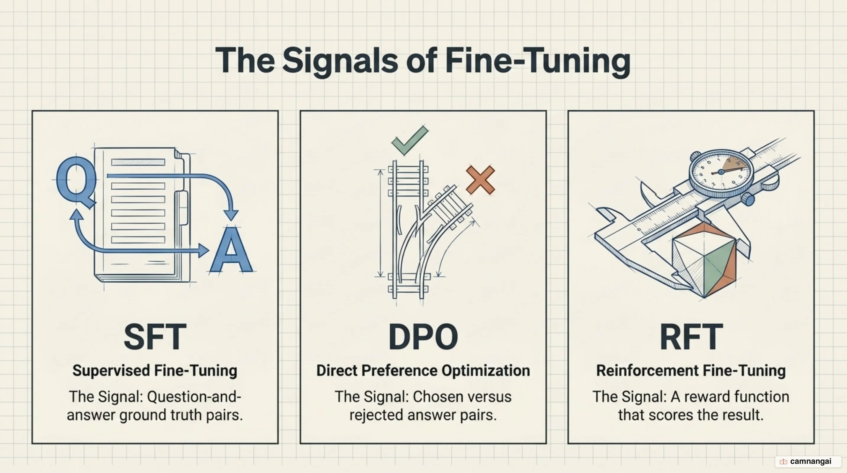 Three kinds of fine-tuning and the signal each learns from: SFT from question-answer pairs, DPO from chosen-versus-rejected pairs, RFT from a reward function that scores results