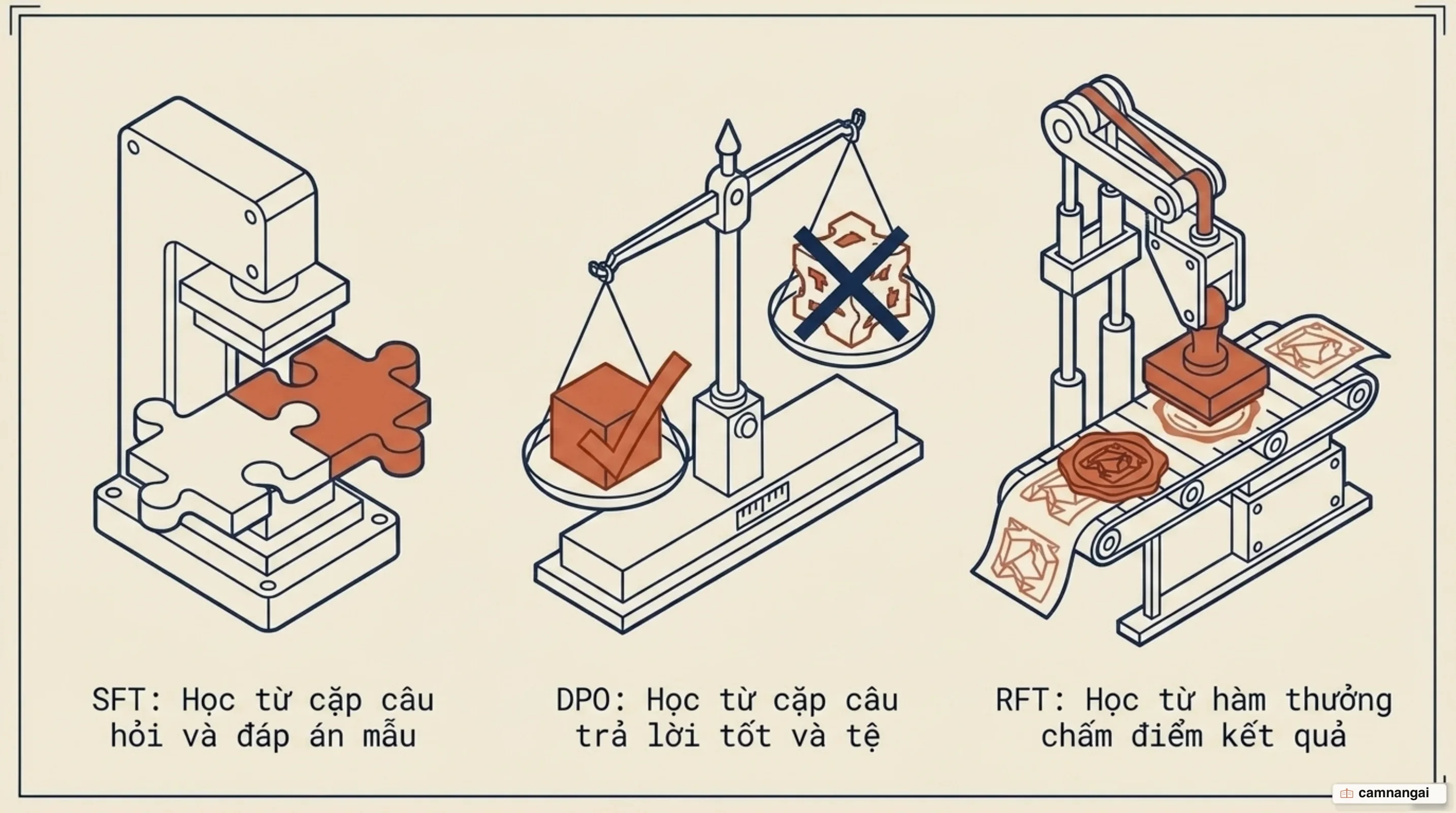 Ba kiểu fine-tuning và tín hiệu mỗi kiểu học từ đó: SFT học từ cặp câu hỏi và đáp án mẫu, DPO học từ cặp câu trả lời tốt và tệ, RFT học từ hàm thưởng chấm điểm kết quả