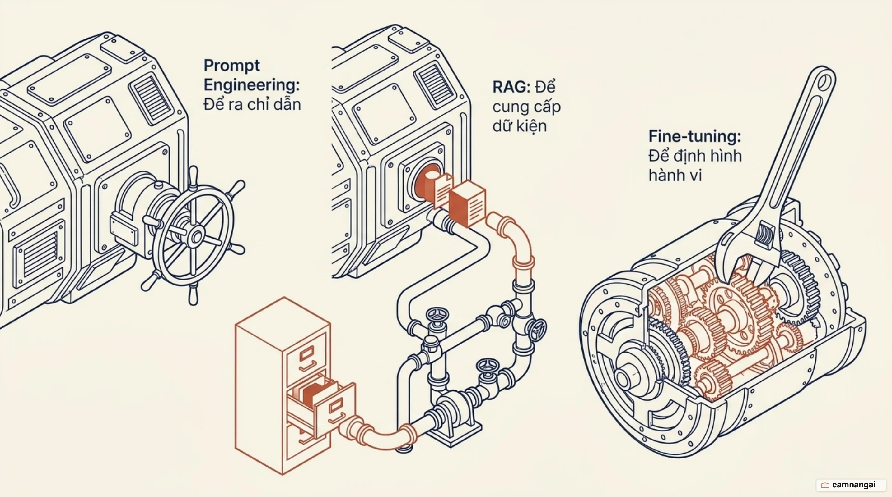Ba lựa chọn cho ba nhu cầu khác nhau: prompt engineering để ra chỉ dẫn, RAG để cung cấp dữ kiện, fine-tuning để định hình hành vi
