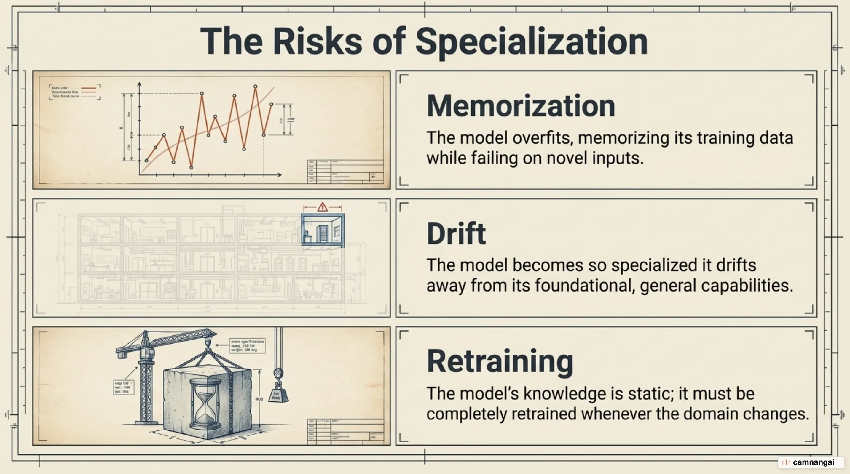 Three risks of fine-tuning: the model memorizes its training data, drifts away from general capability, and must be retrained whenever the domain changes