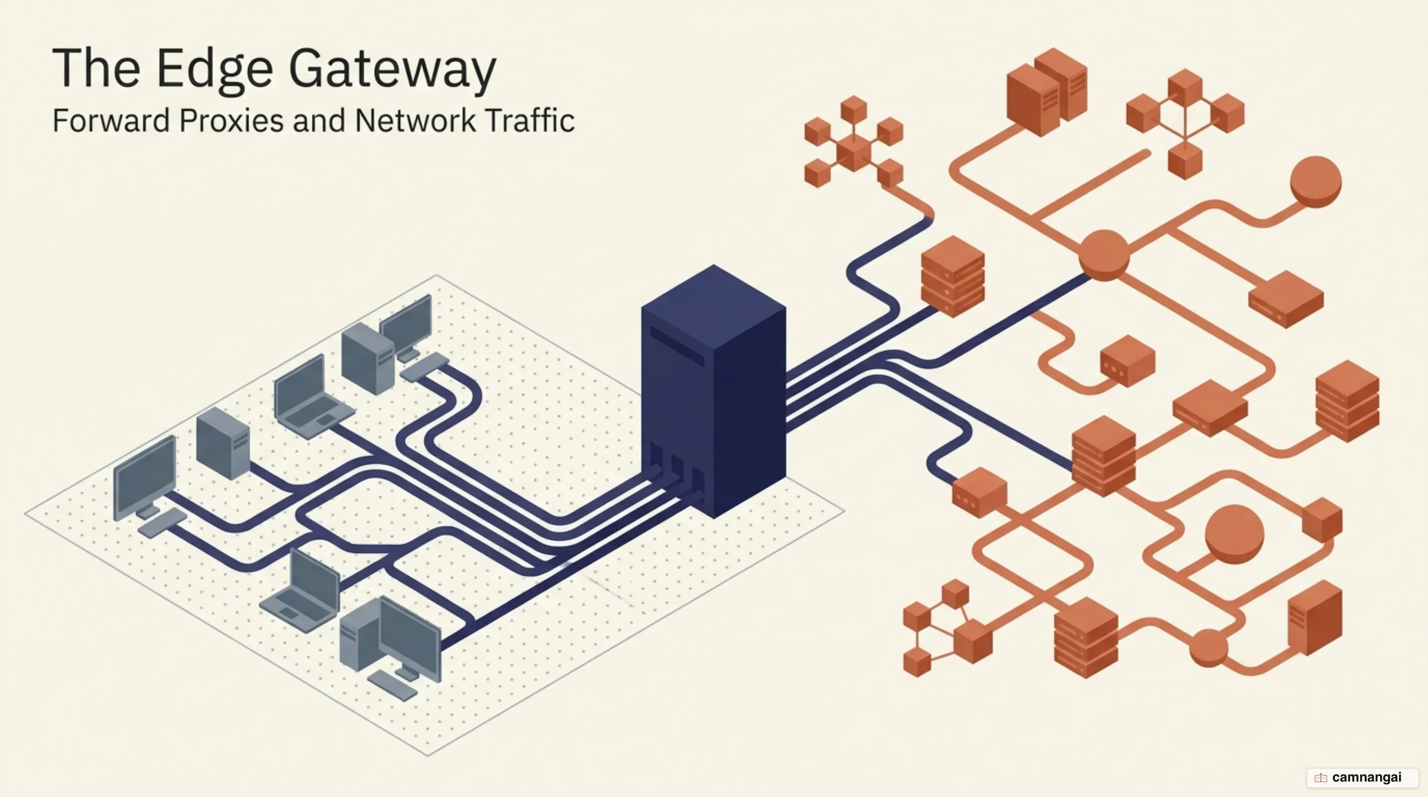 Workstations on a private network reaching the internet through a single forward proxy at the network edge