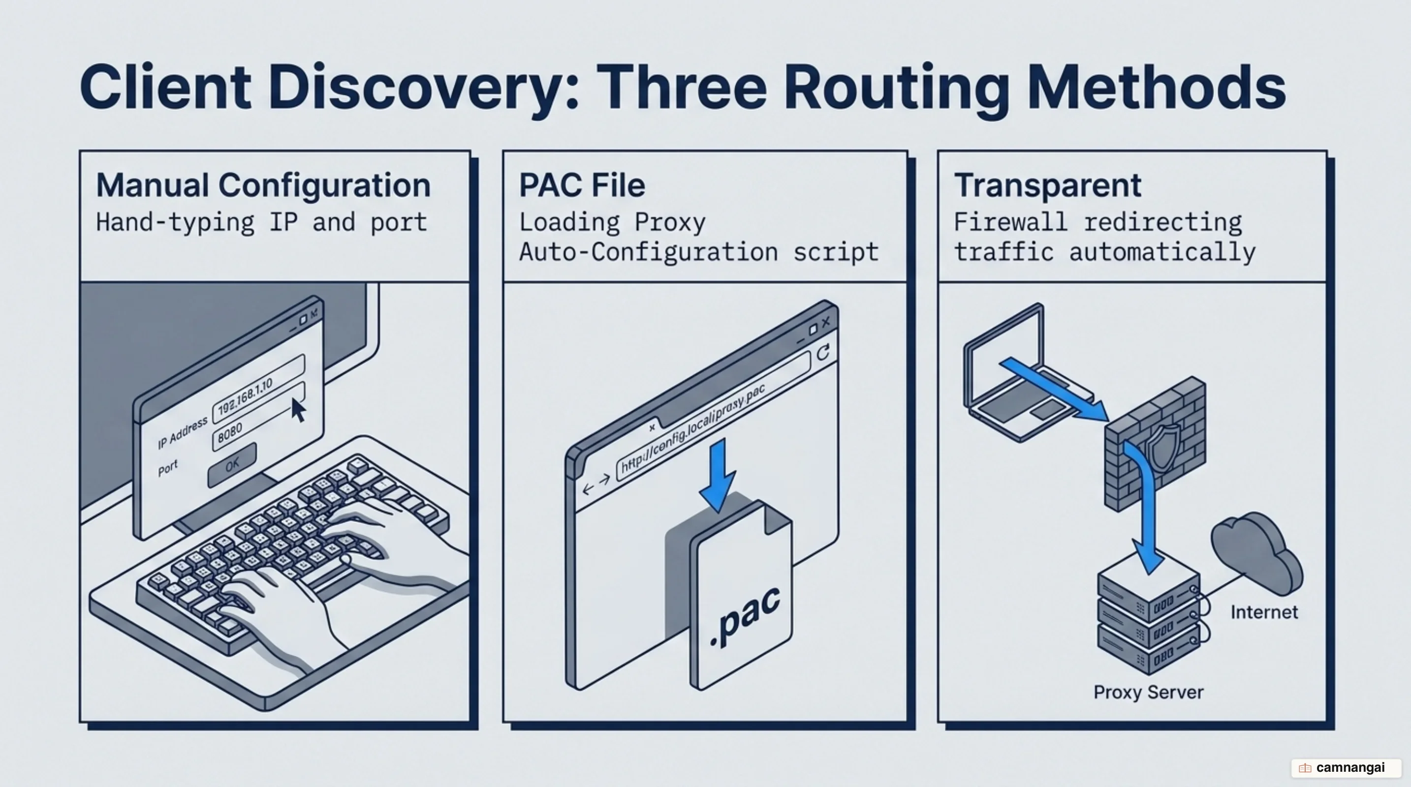 Three ways a client finds the proxy: typing the IP and port by hand, loading a PAC file, or a transparent proxy redirecting traffic at the firewall