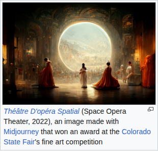 Théâtre D'opéra Spatial — bức tranh do Midjourney sinh, đoạt giải tại Colorado State Fair năm 2022, ảnh minh họa trên trang Wikipedia Generative AI