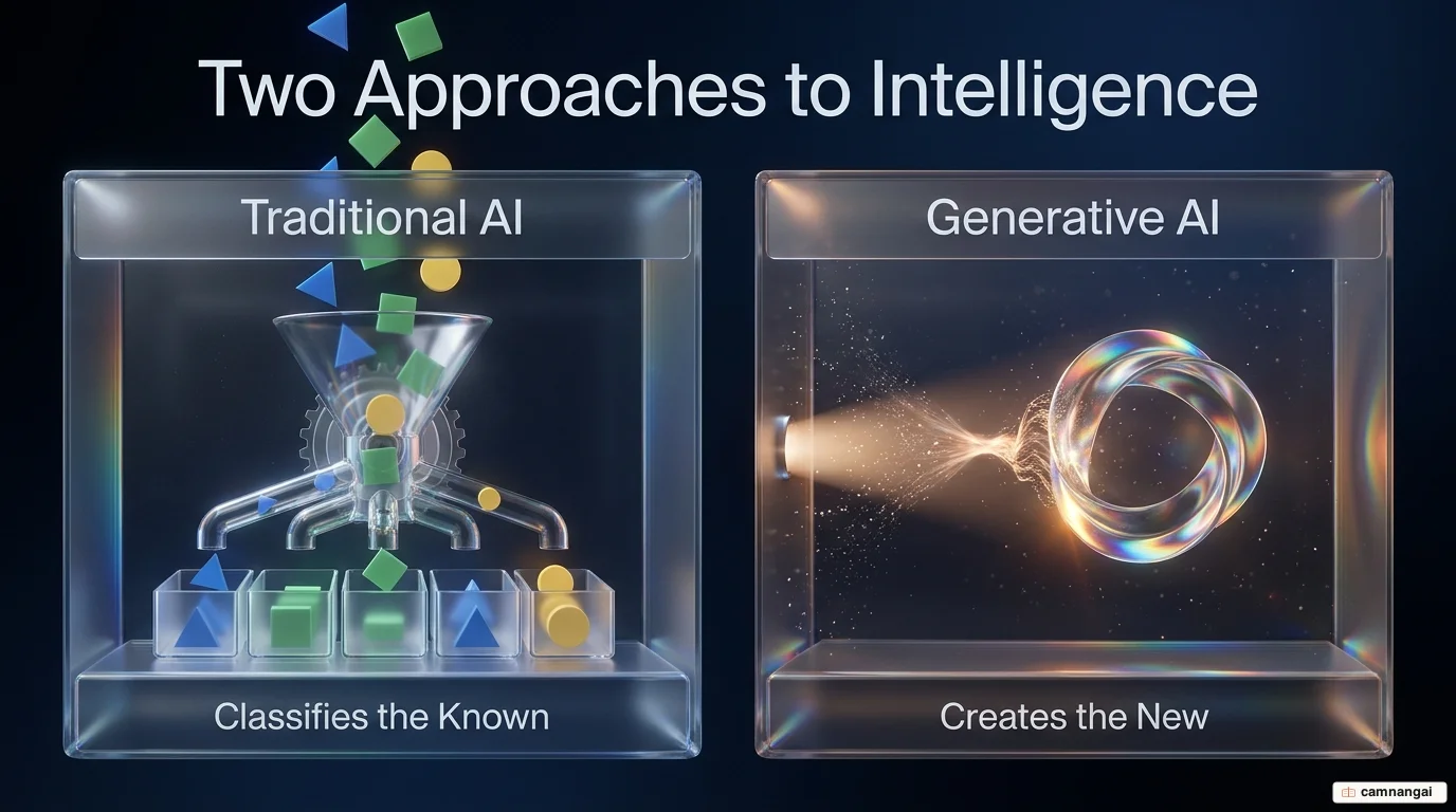 Two approaches to intelligence side by side: traditional AI classifies the known, while generative AI creates the new