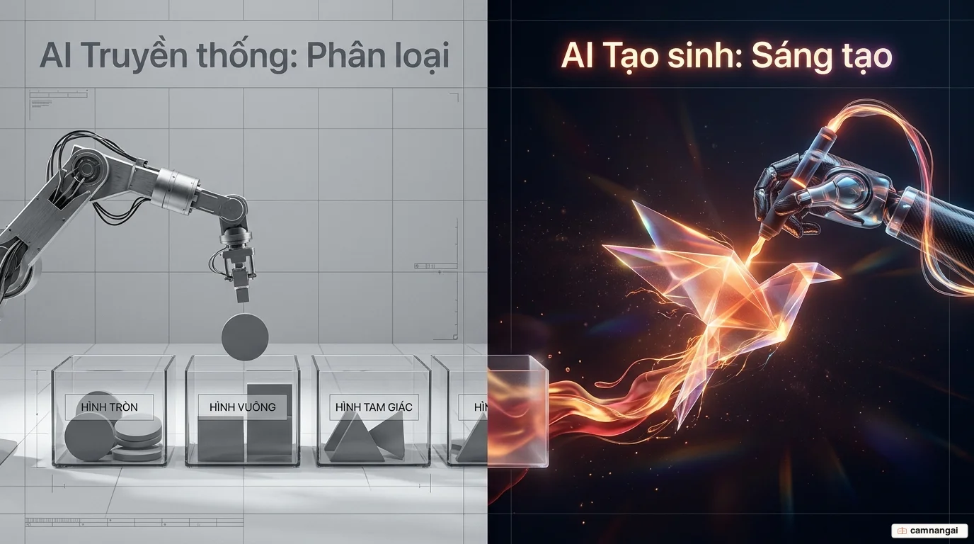 So sánh hai cách tiếp cận: AI truyền thống phân loại các hình khối có sẵn, còn AI tạo sinh dựng nên một con hạc giấy hoàn toàn mới