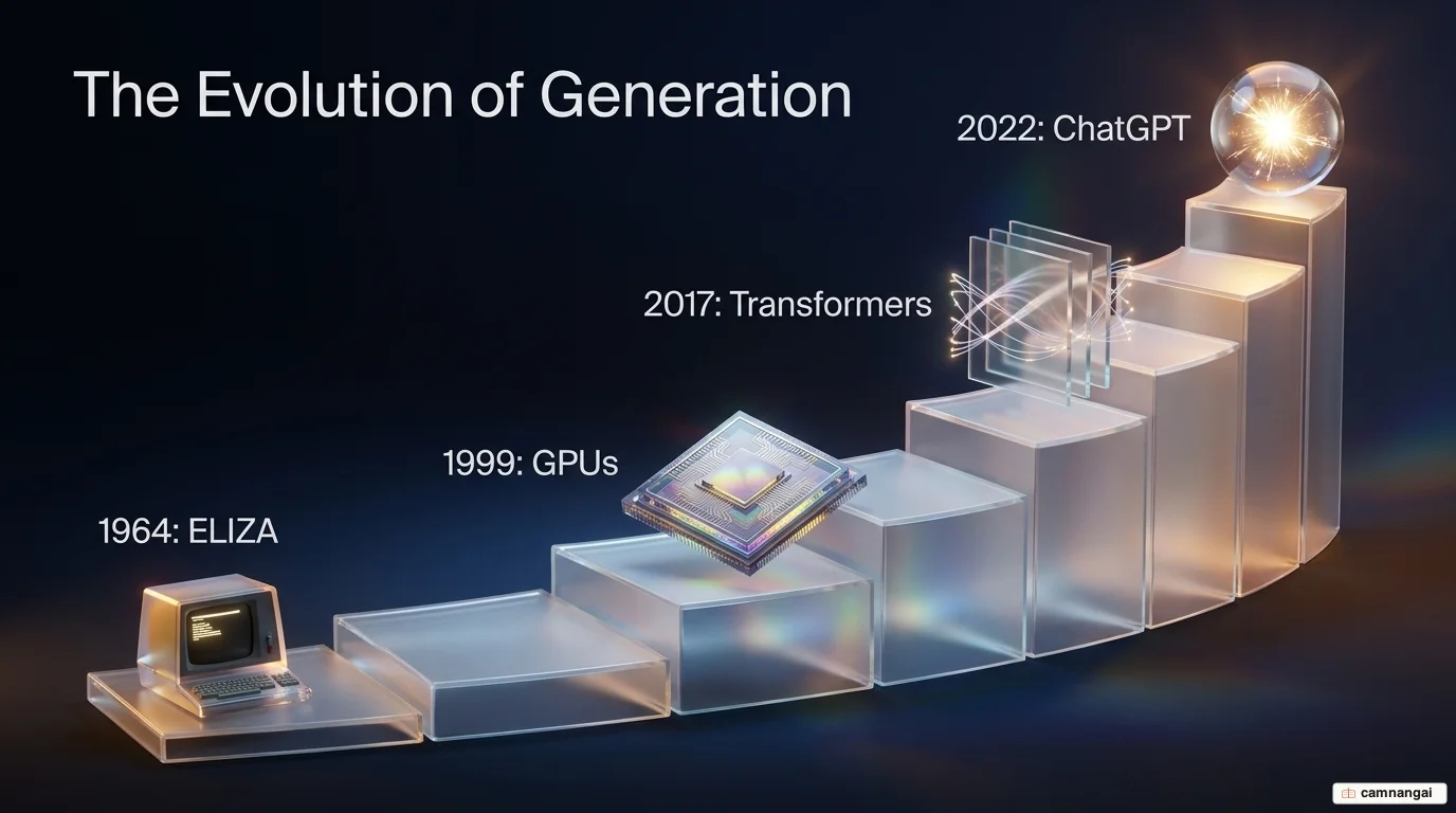 The evolution of generation as ascending steps: 1964 ELIZA, 1999 GPUs, 2017 Transformers, and 2022 ChatGPT
