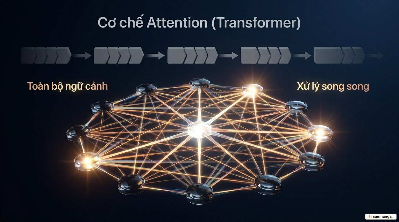 Cơ chế Attention trong Transformer cho phép mô hình nhìn toàn bộ ngữ cảnh cùng một lúc và xử lý song song thay vì tuần tự