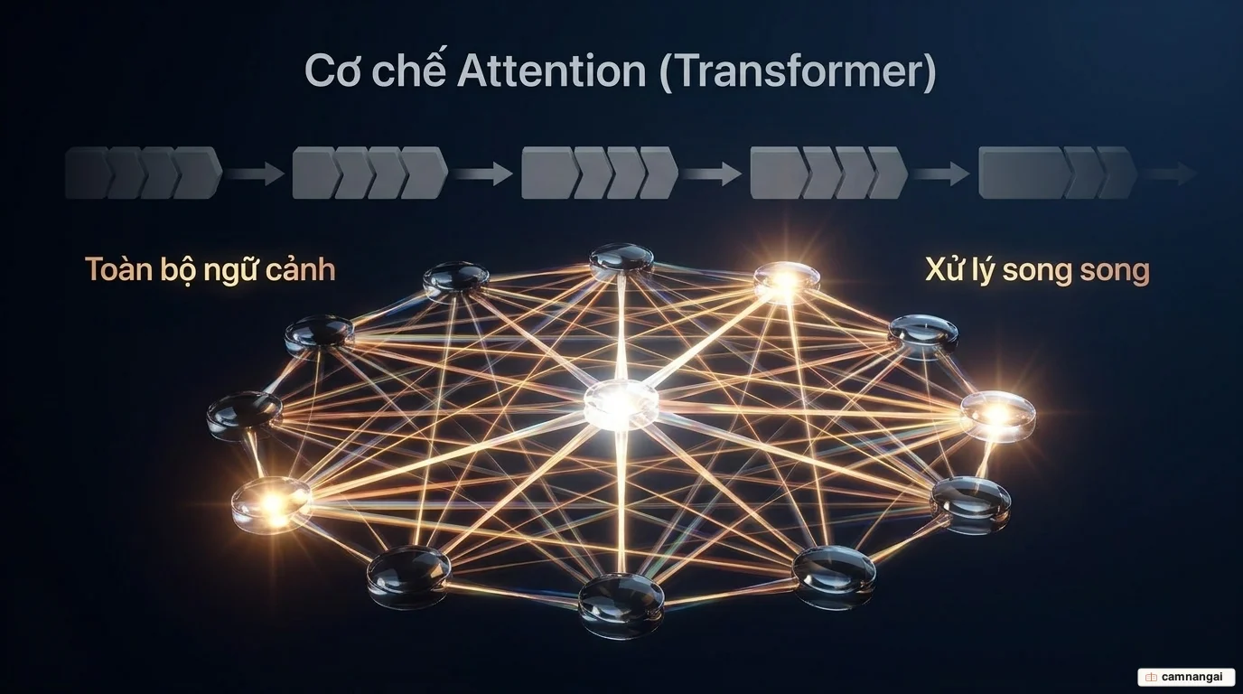 Cơ chế Attention trong Transformer cho phép mô hình nhìn toàn bộ ngữ cảnh cùng một lúc và xử lý song song thay vì tuần tự