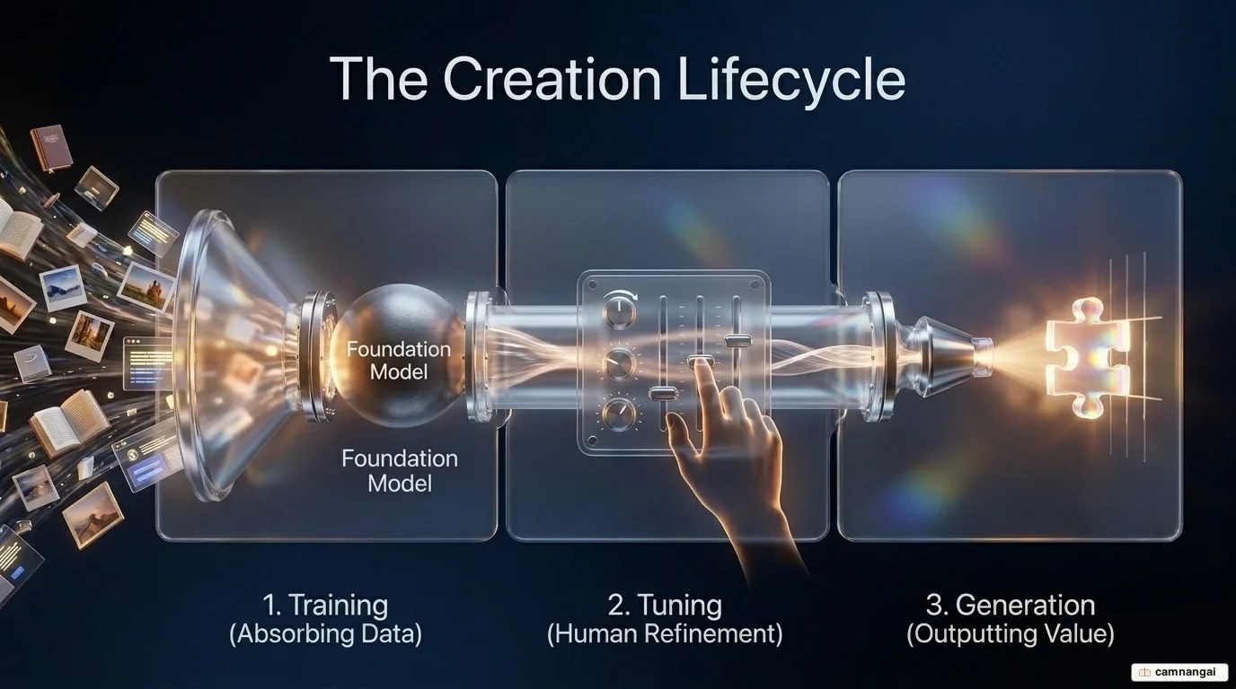 The creation lifecycle in three stages: training to absorb data, tuning through human refinement, and generation to output value