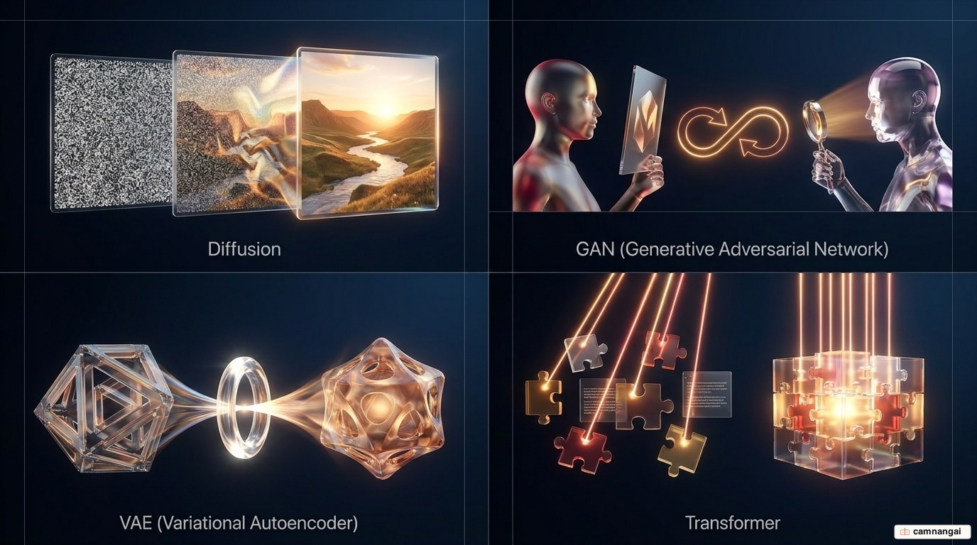 Bốn họ mô hình AI tạo sinh phổ biến: Diffusion, GAN, VAE và Transformer, mỗi loại tối ưu cho một định dạng nội dung khác nhau