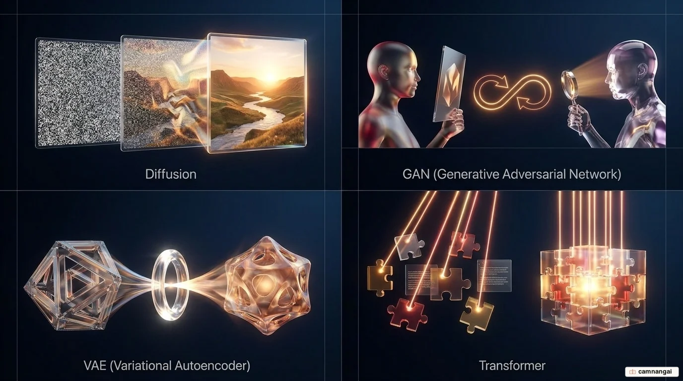 Bốn họ mô hình AI tạo sinh phổ biến: Diffusion, GAN, VAE và Transformer, mỗi loại tối ưu cho một định dạng nội dung khác nhau