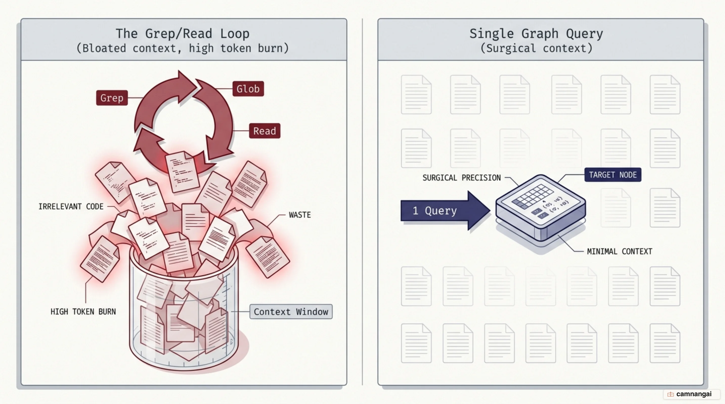 The exploration tax loop: the agent repeatedly greps and reads files, bloating the context window with irrelevant code