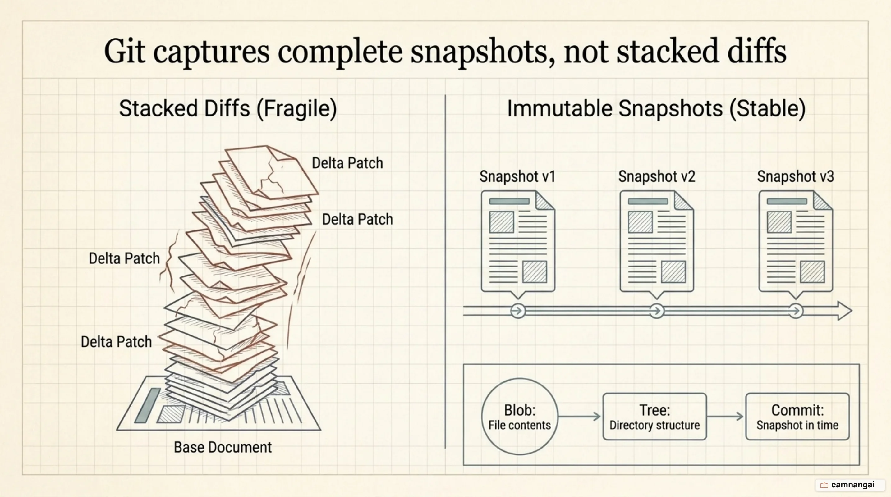 Storage compared: a chain of stacked delta patches in older systems versus Git's sequence of complete project snapshots, with the Blob, Tree and Commit object types