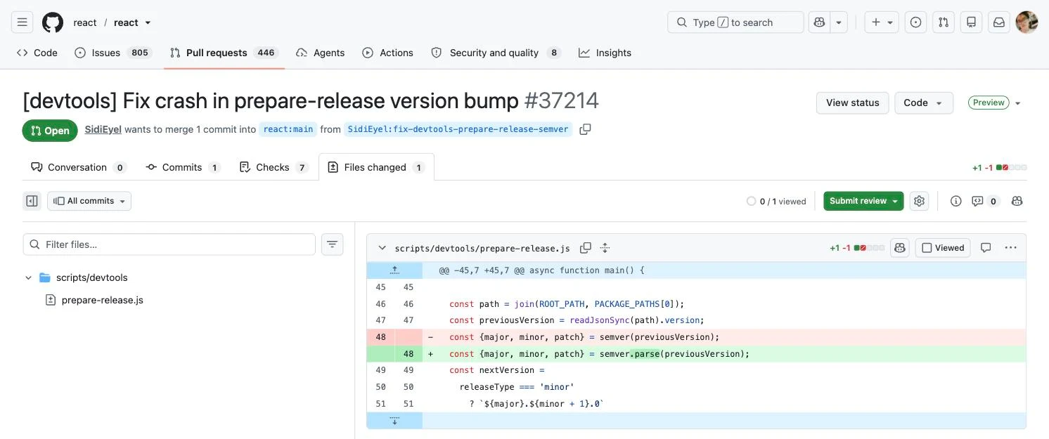 A GitHub pull request showing the line-by-line diff and inline code review