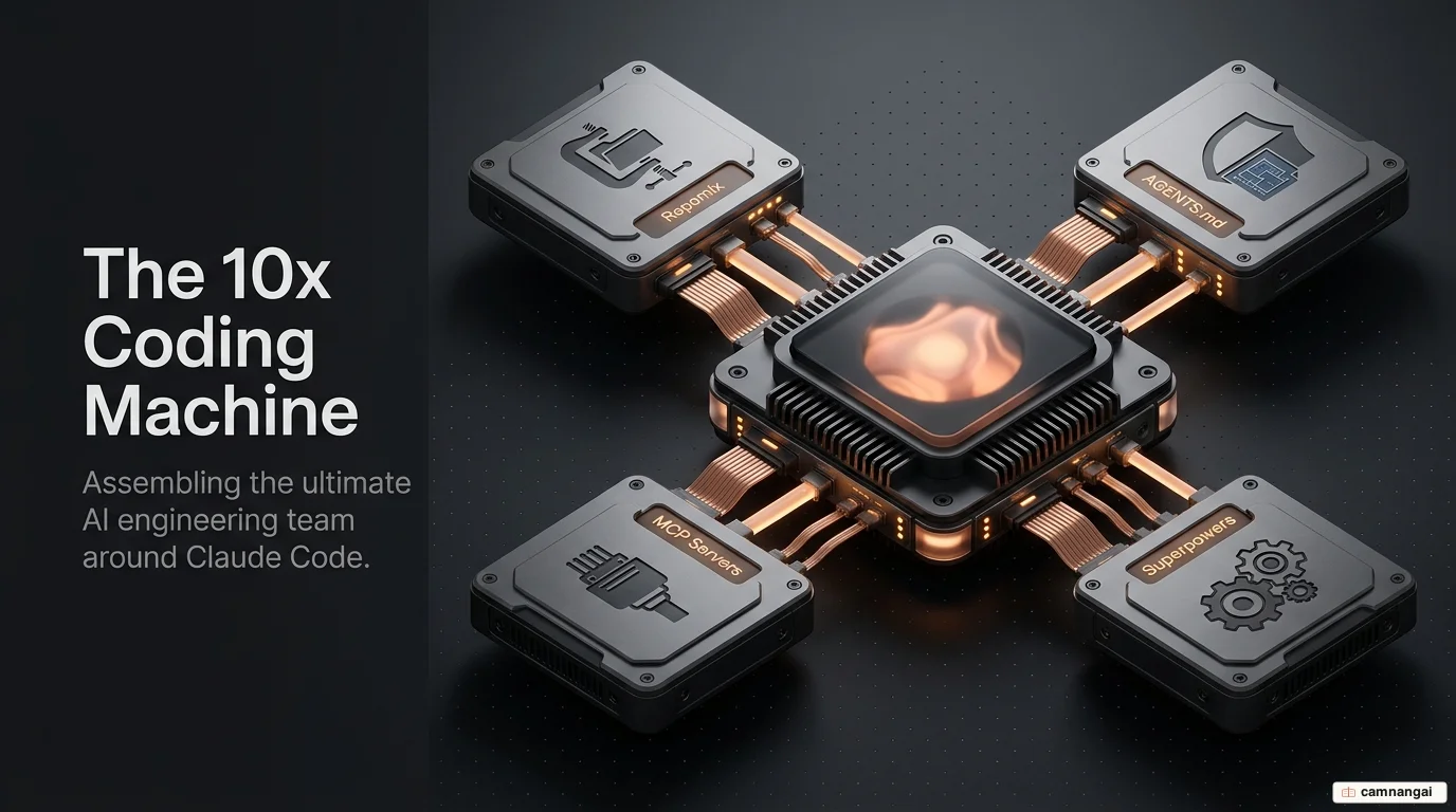 Claude Code ở trung tâm được bao quanh bởi các khối repo và skill ghép vào, mở rộng thành một đội kỹ sư phần mềm