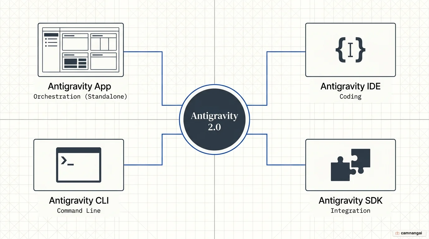 Diagram of the Antigravity 2.0 ecosystem: the Antigravity App, Antigravity IDE, Antigravity CLI, and Antigravity SDK, with each component's role