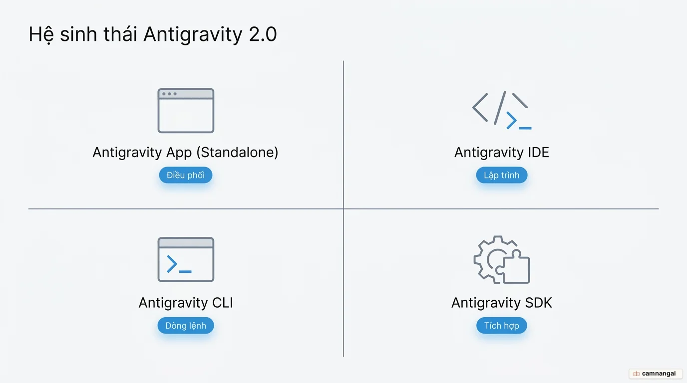Sơ đồ hệ sinh thái Antigravity 2.0 gồm bốn thành phần: Antigravity App, Antigravity IDE, Antigravity CLI và Antigravity SDK, kèm vai trò của từng thành phần
