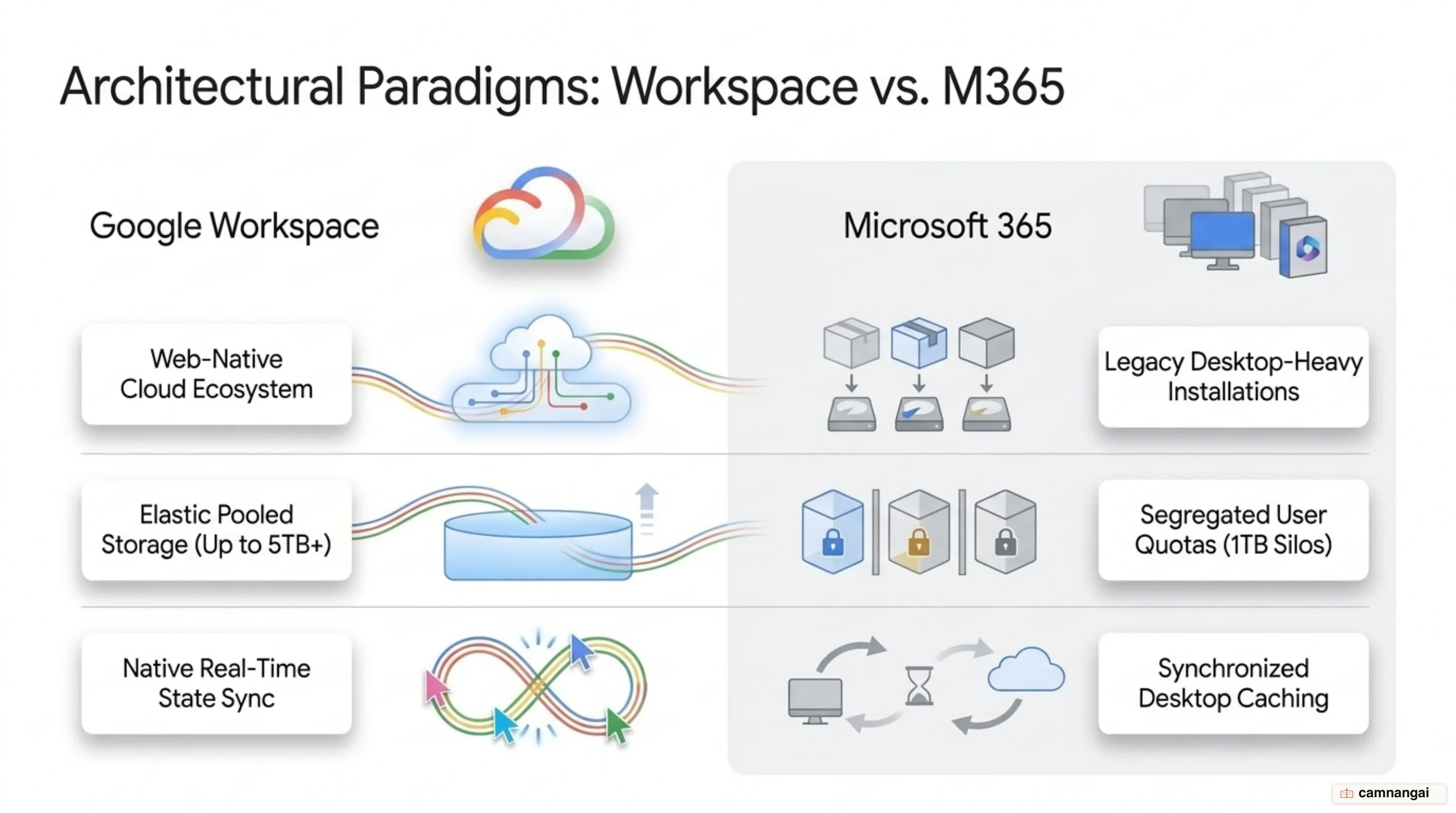 Architectural comparison: Web-native Google Workspace vs desktop-hybrid Microsoft 365