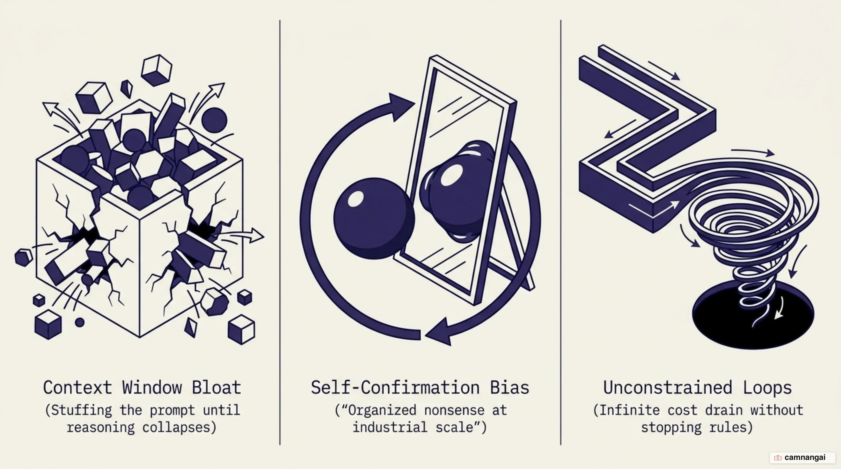 Illustration of single-agent loop failure modes including context bloat and self-confirmation bias