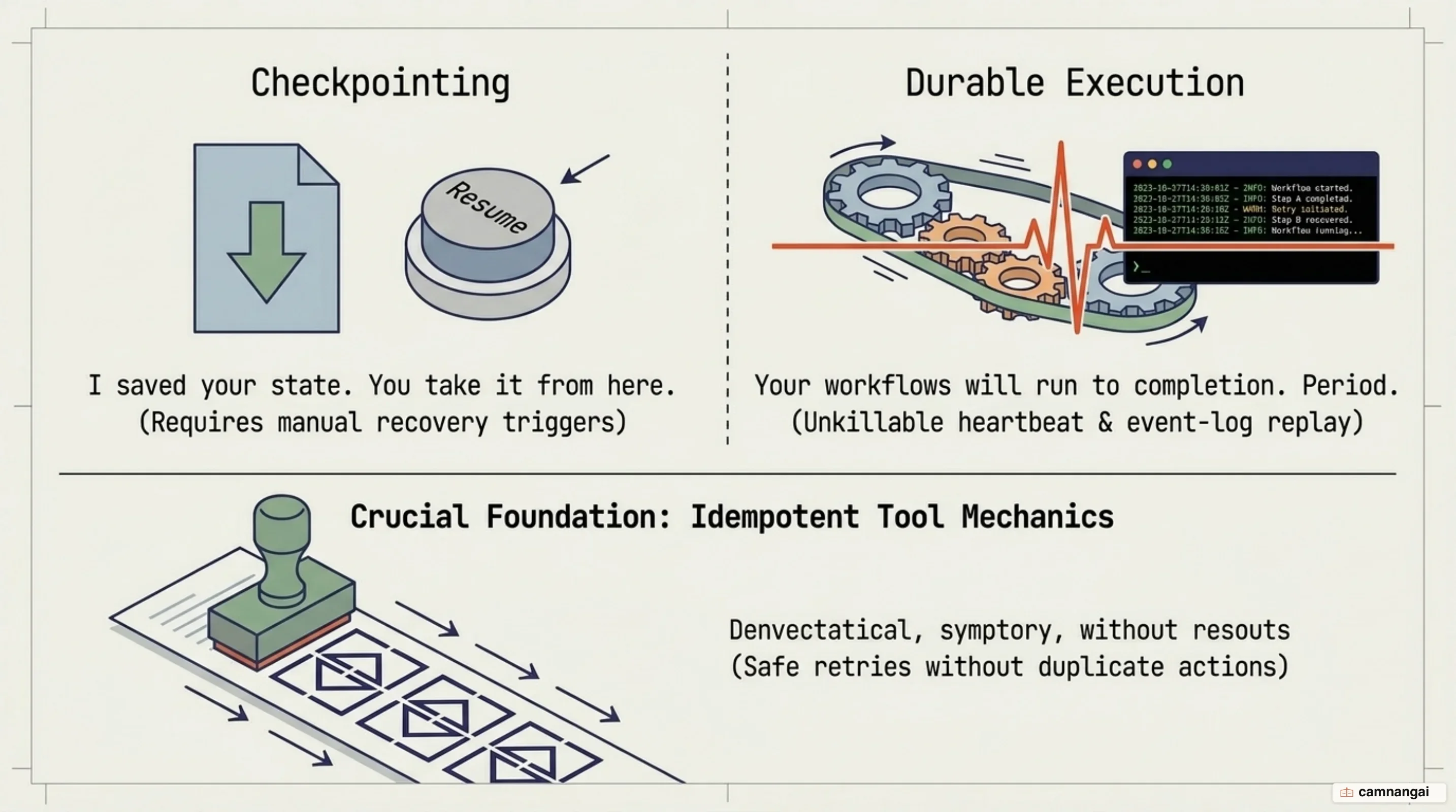 Durable execution model showing automatic crash recovery, event-log replay, and idempotent side-effect handling