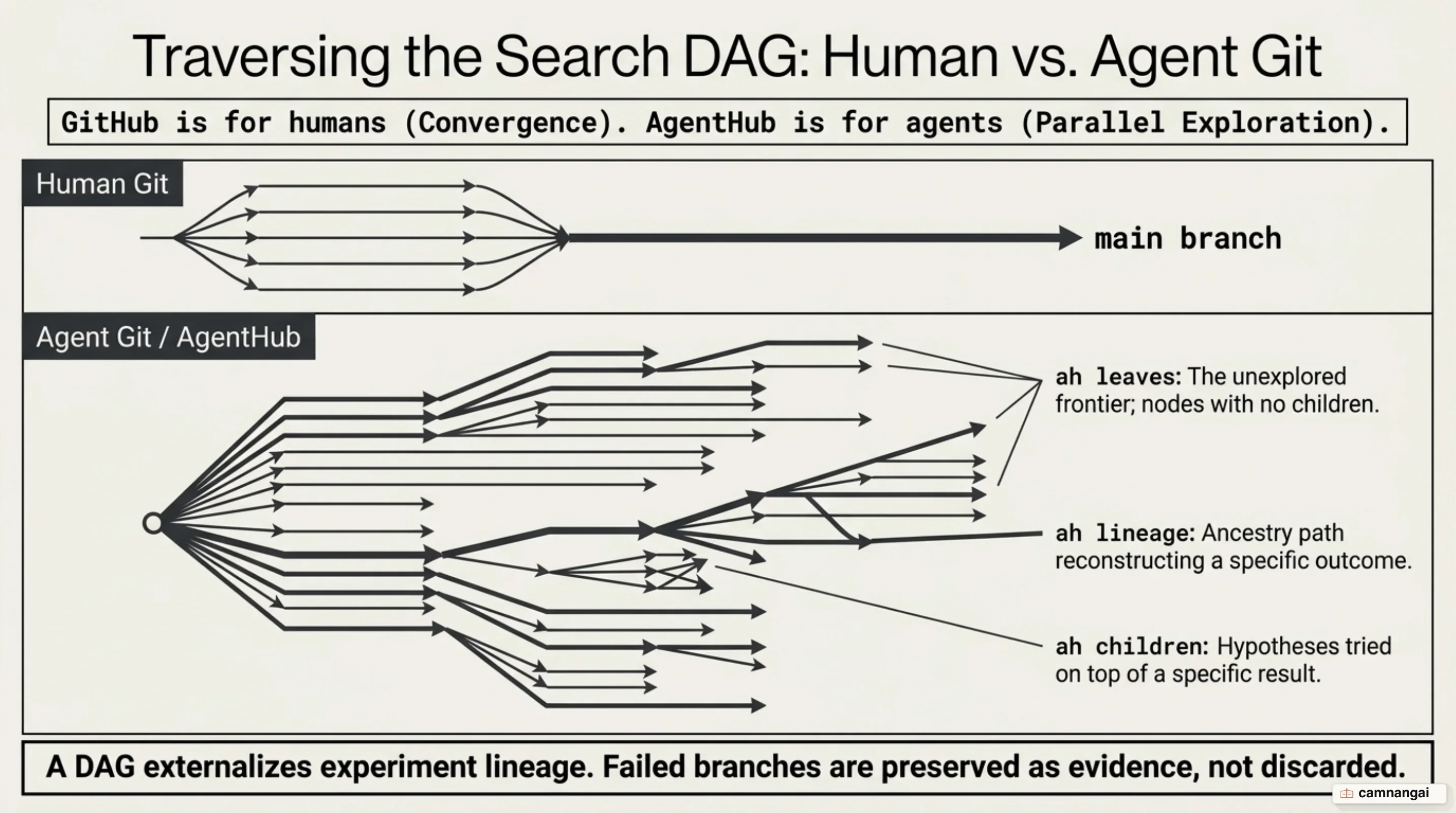 AgentHub search DAG architecture and parallel exploration without branch convergence