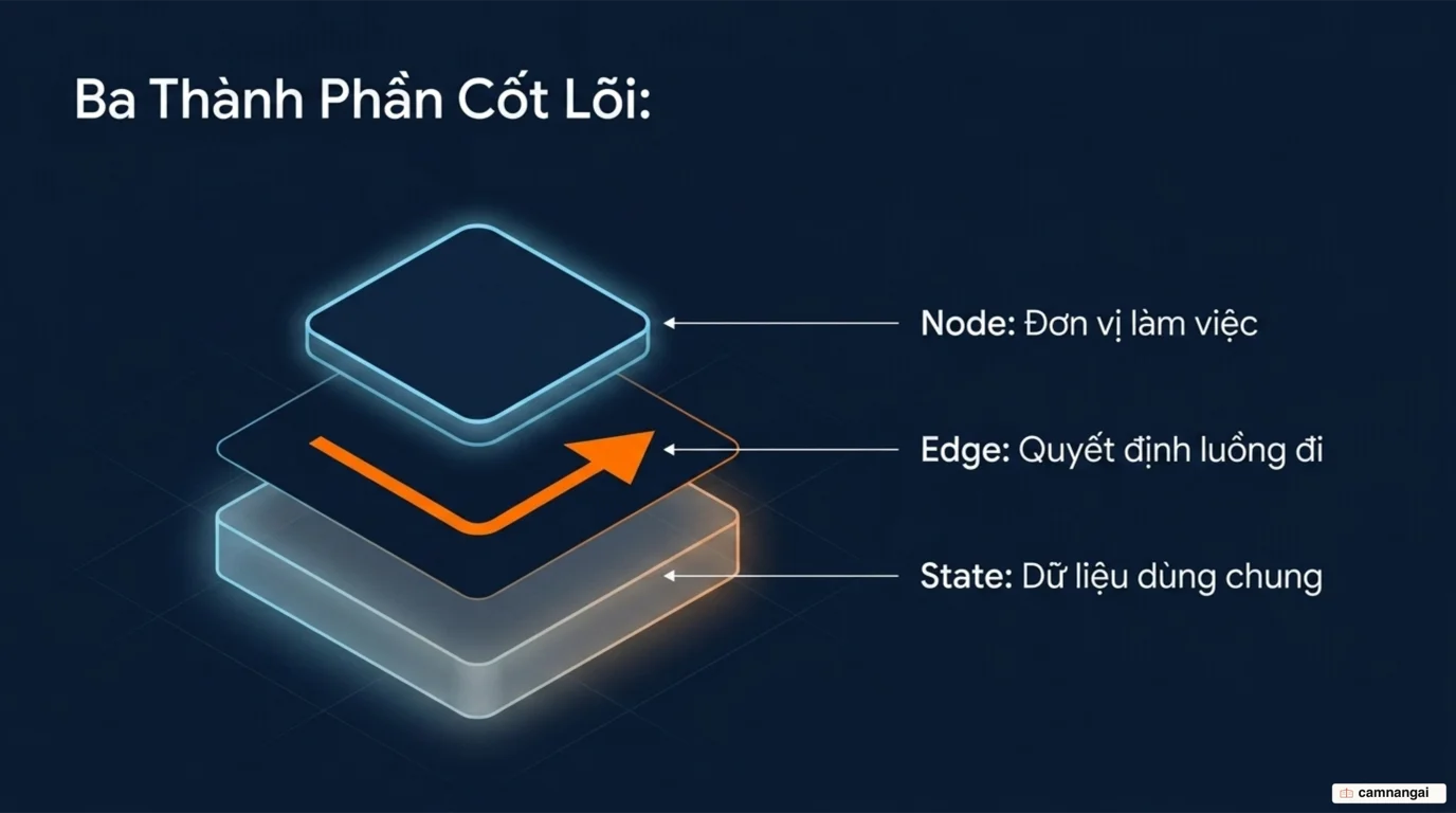 Ba thành phần của một đồ thị agent: node thực hiện công việc, edge quyết định luồng đi, và state là dữ liệu dùng chung giữa các node