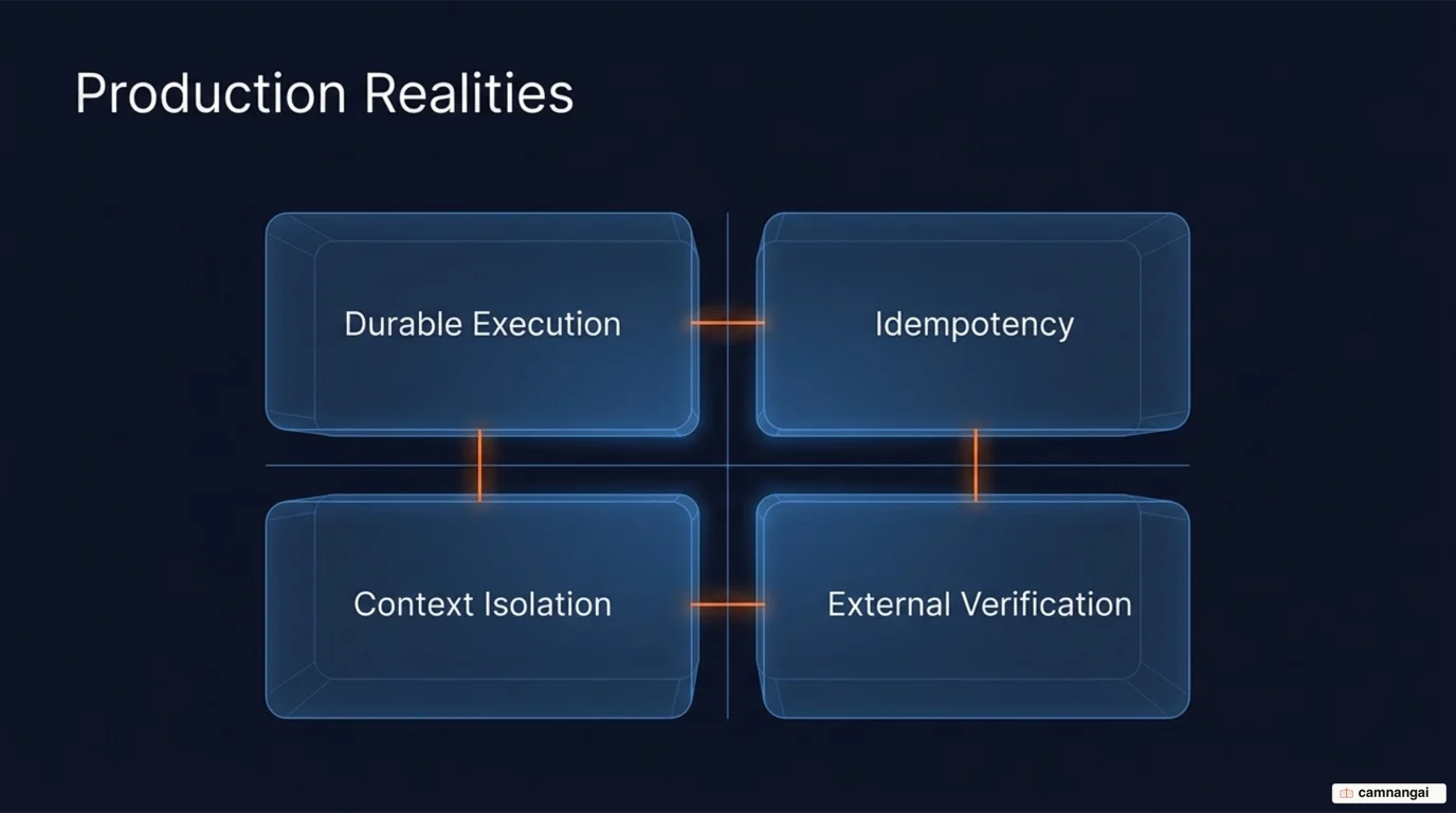 Four things a diagram does not show in production: durable execution, idempotency, context isolation and external verification