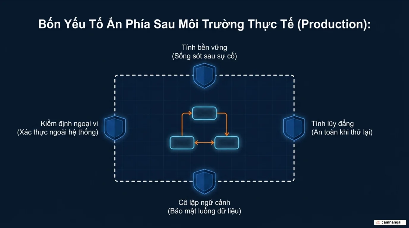 Bốn yếu tố sơ đồ không thể hiện khi lên production: tính bền vững, tính lũy đẳng, cô lập ngữ cảnh và kiểm định ngoại vi